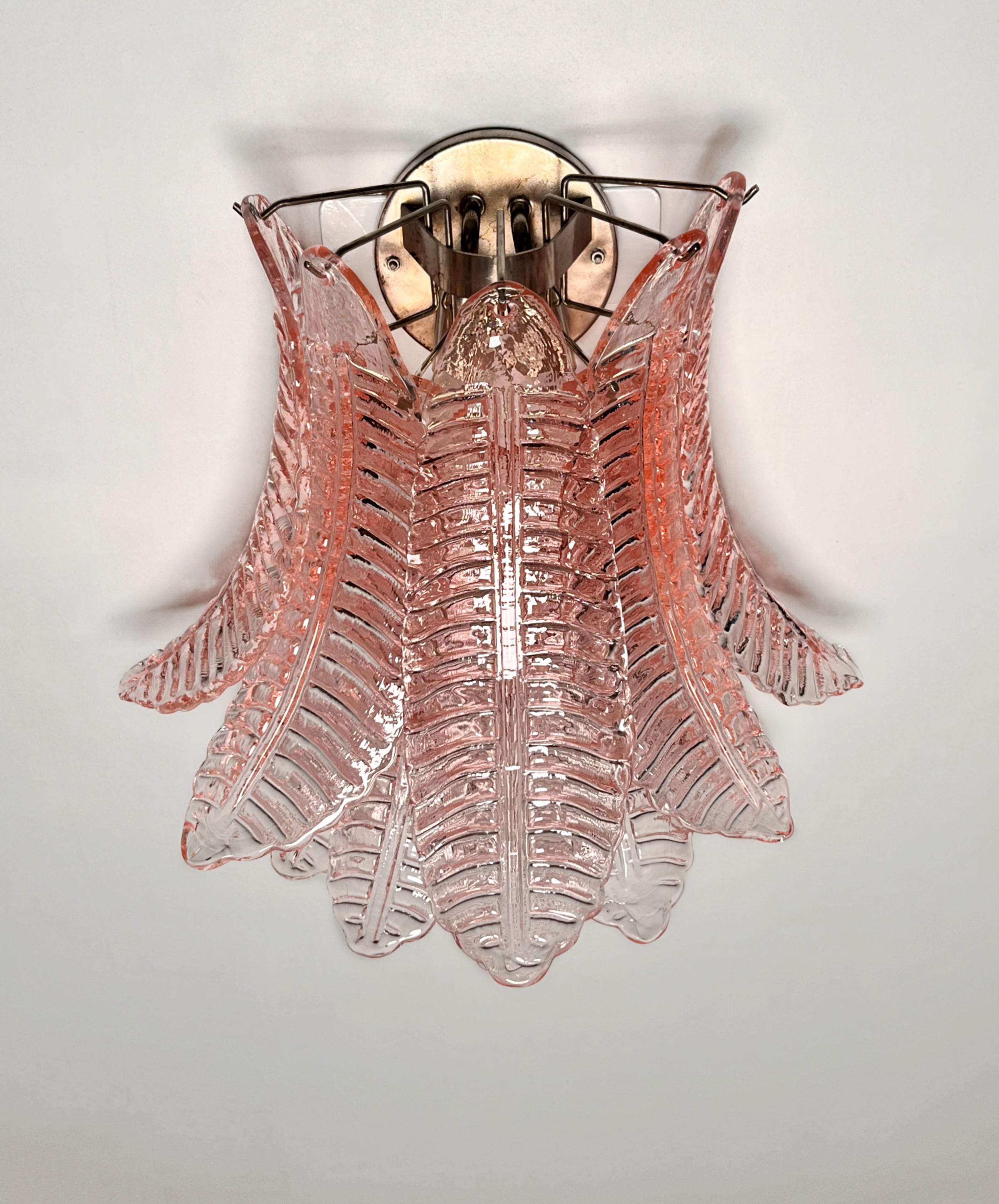 Pair of Vintage Murano Six-Tier Felci Wall Sconce, Pink Glasses In Good Condition In Gaiarine Frazione Francenigo (TV), IT
