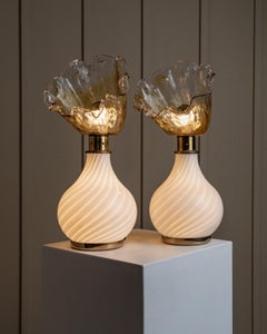 Pair of Vintage Murano Table Lamps Flower Shade, Swirl Glass & Brass, Italy 70s