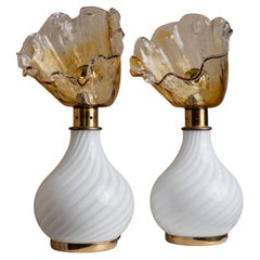 Pair of Vintage Murano Table Lamps Flower Shade, Swirl Glass & Brass, Italy 70s