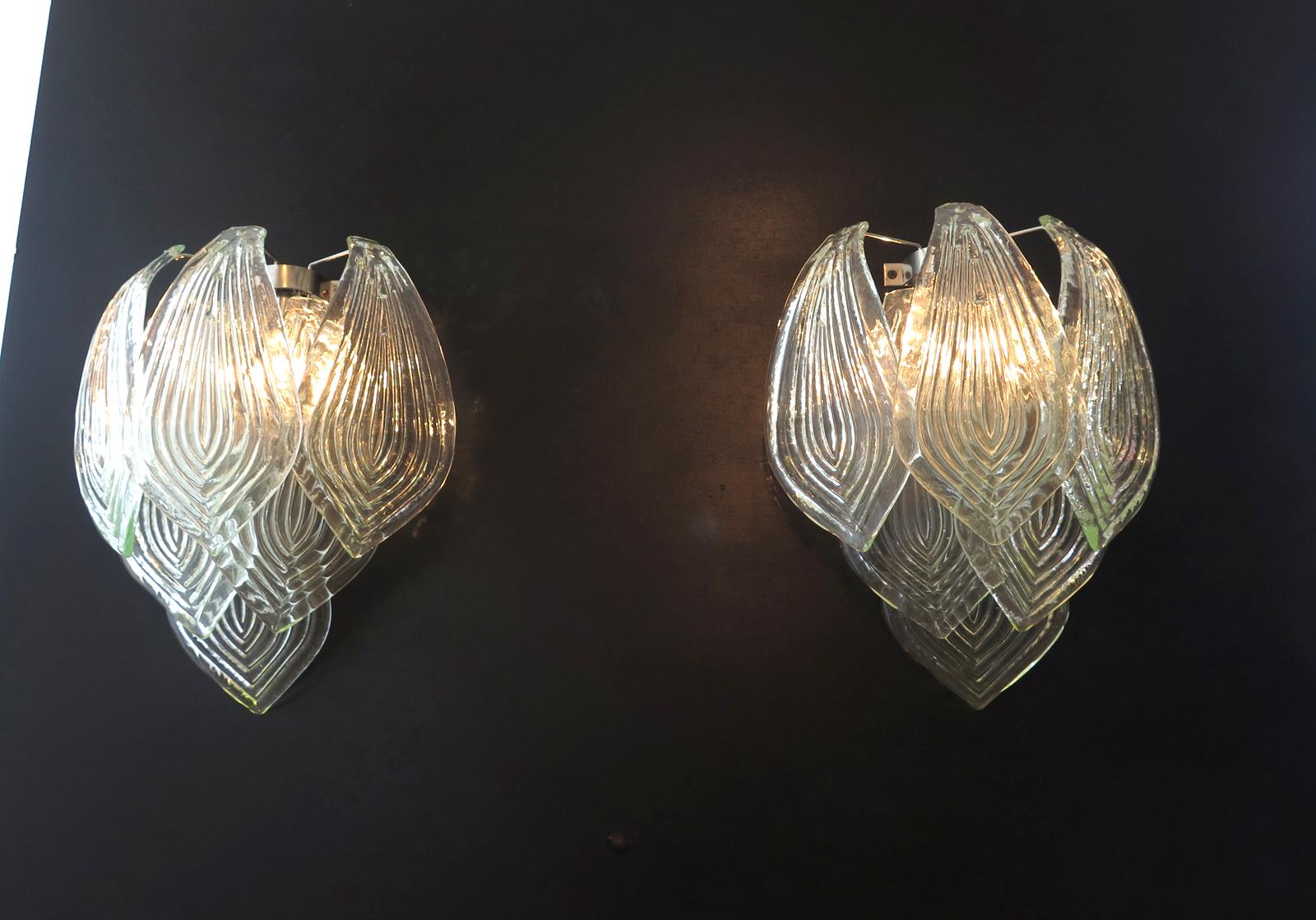 Pair of Vintage Murano Transparent Big Glass Leaves with Green Reflexes 4