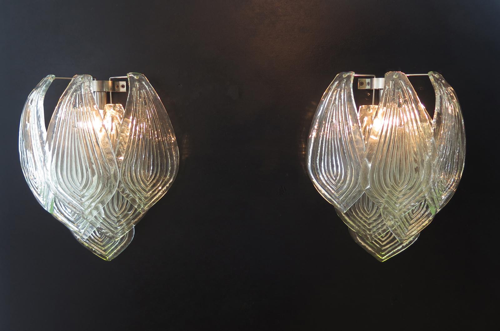 Mid-Century Modern Pair of Vintage Murano Transparent Big Glass Leaves with Green Reflexes