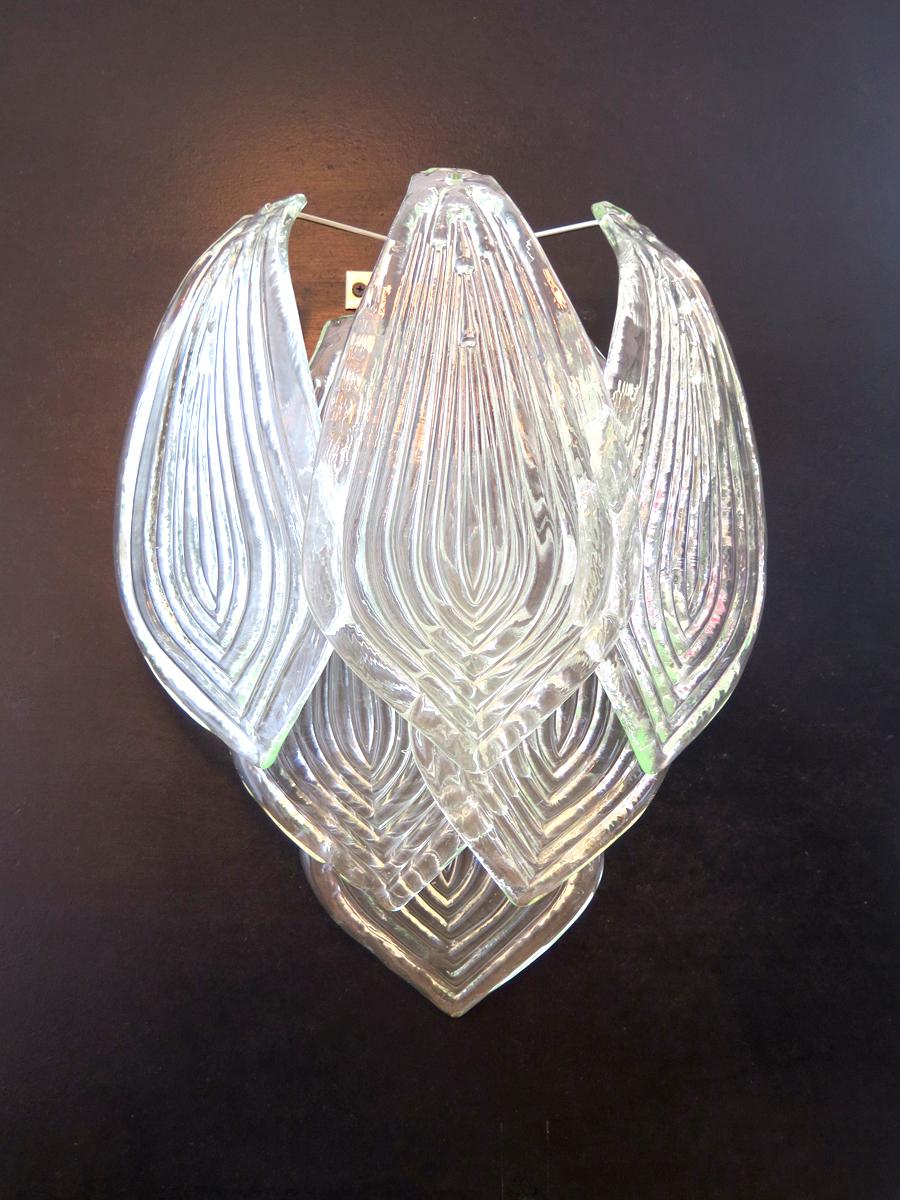Italian Pair of Vintage Murano Transparent Big Glass Leaves with Green Reflexes