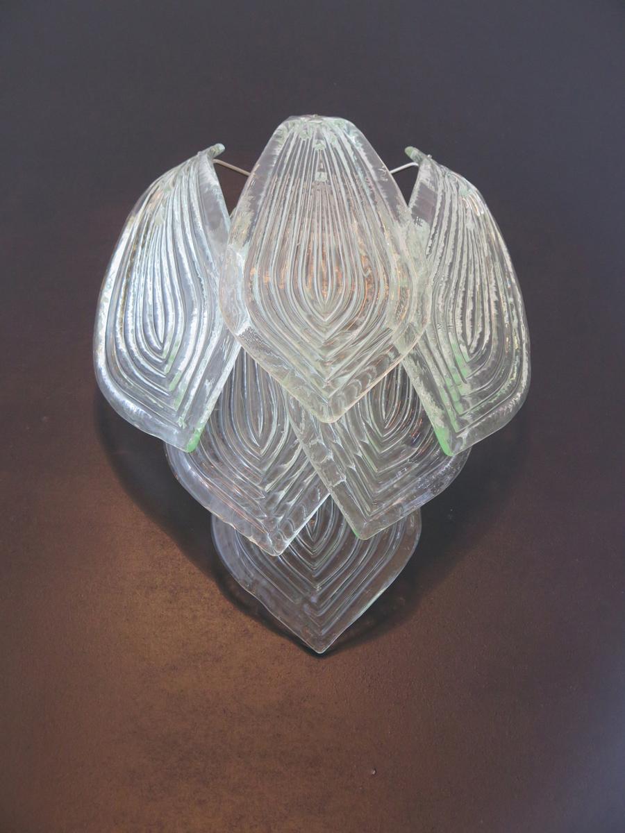 Late 20th Century Pair of Vintage Murano Transparent Big Glass Leaves with Green Reflexes