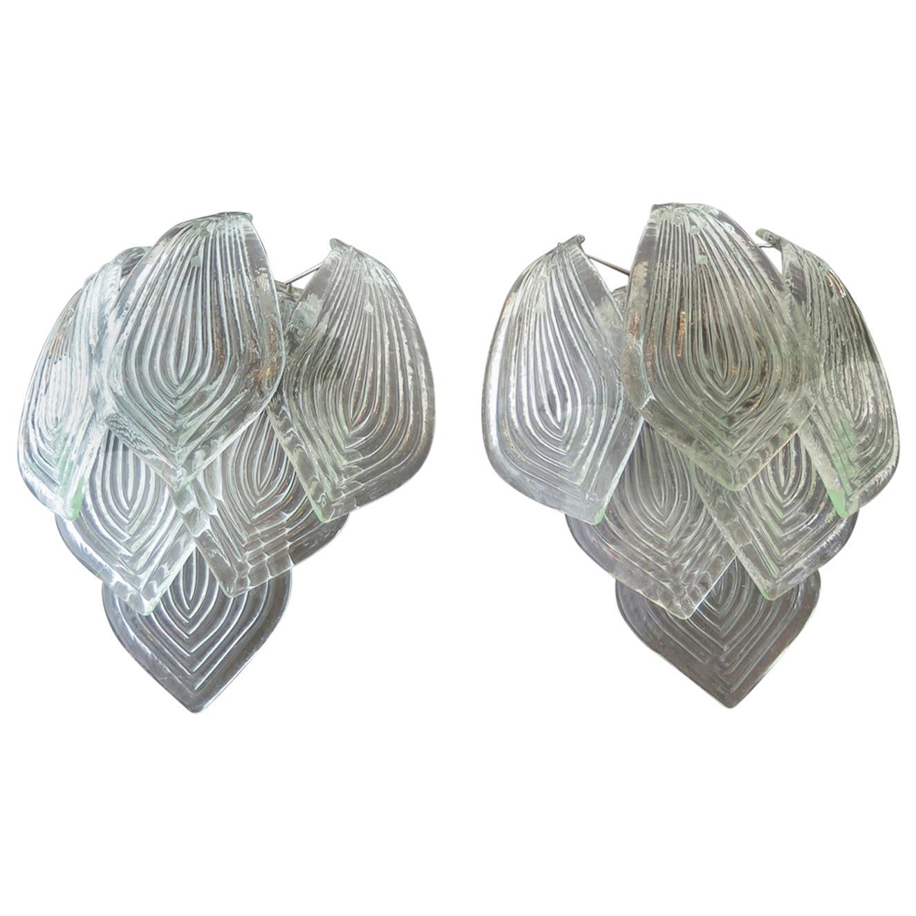 Pair of Vintage Murano Transparent Big Glass Leaves with Green Reflexes