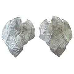 Pair of Vintage Murano Transparent Big Glass Leaves with Green Reflexes