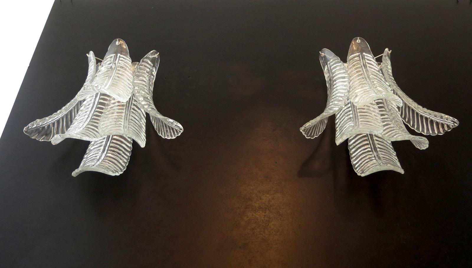 Pair of vintage Murano trasparent Felci wall sconces For Sale 2