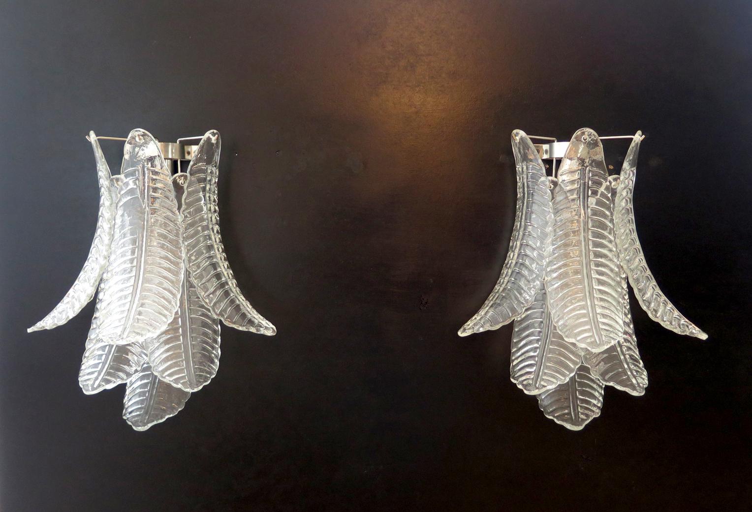 Pair of vintage Murano trasparent Felci wall sconces For Sale 4