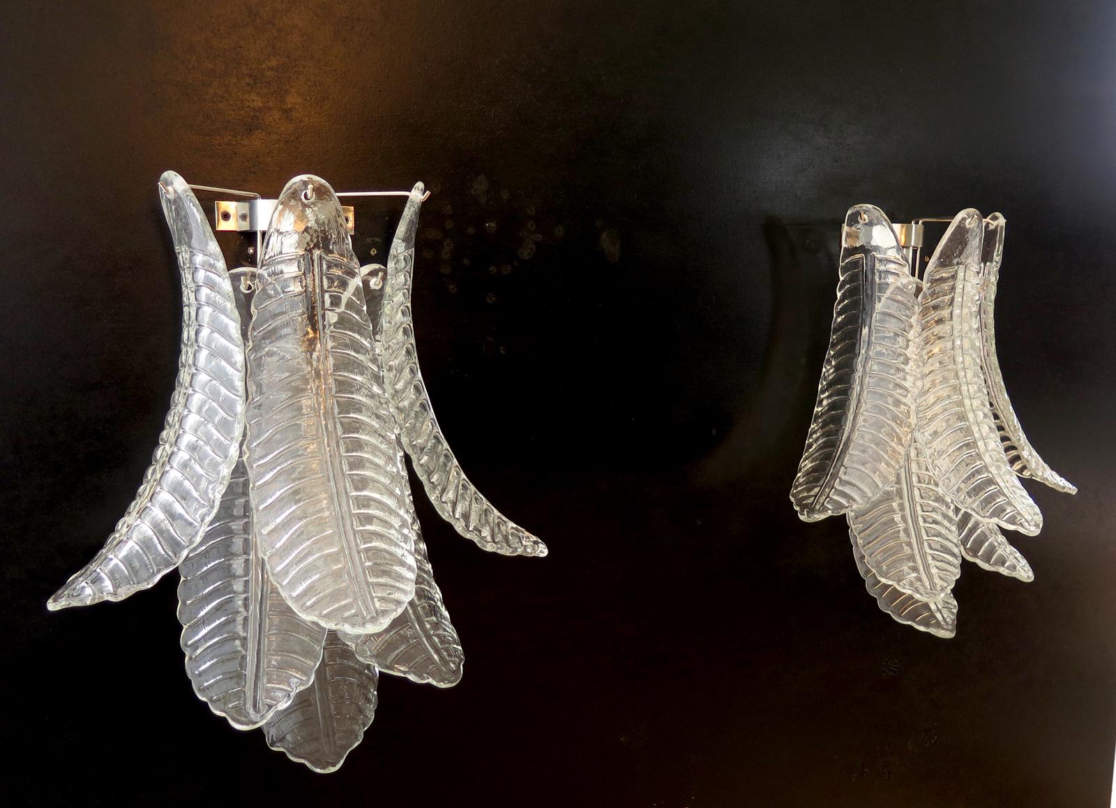 Pair of vintage Murano trasparent Felci wall sconces For Sale 5