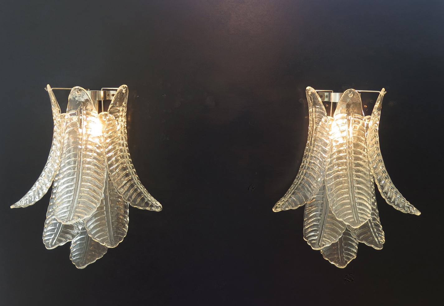 Pair of vintage Murano trasparent Felci wall sconces For Sale 1