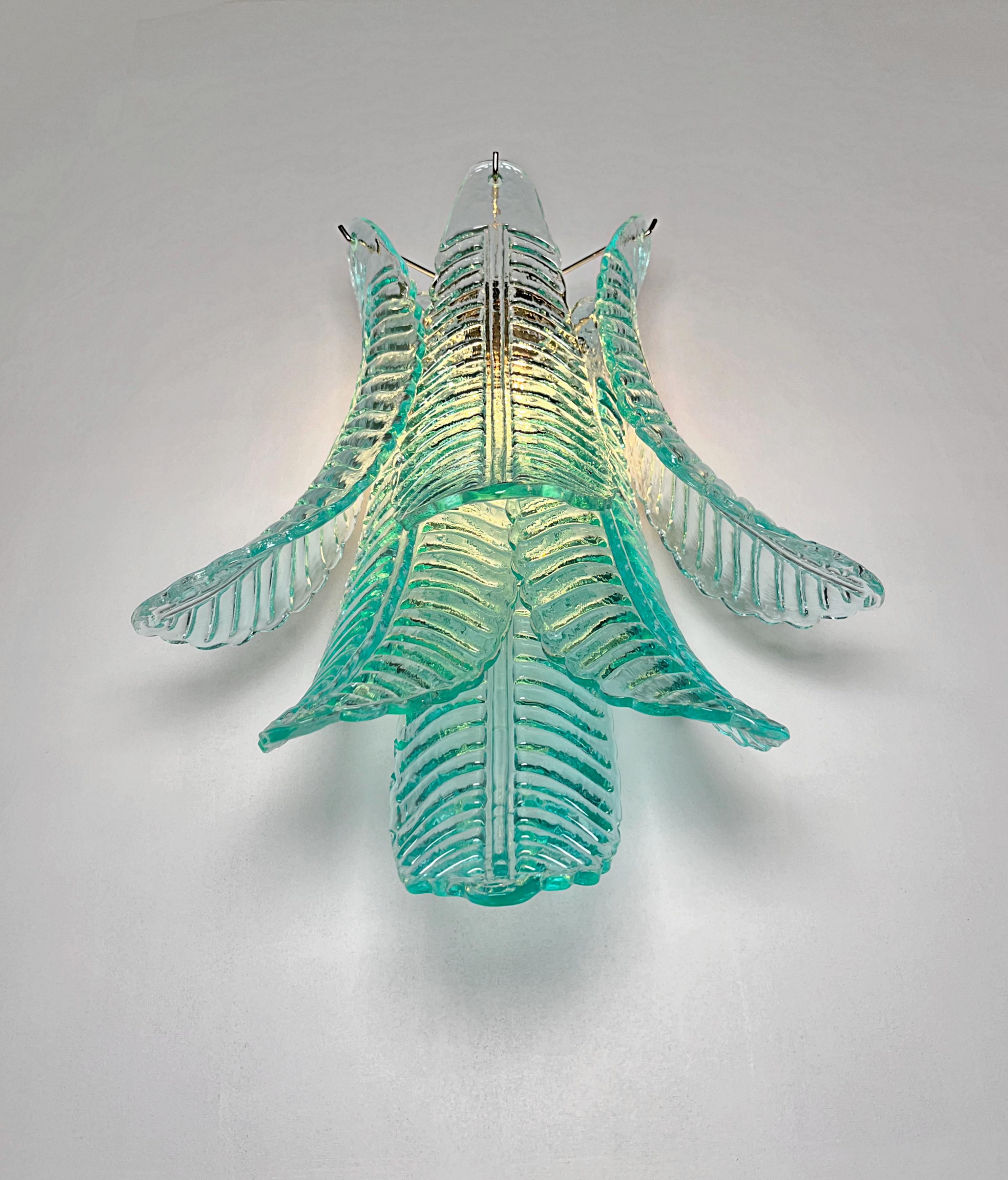 Pair of vintage Murano turquoise Felci Glass wall sconces en venta 10