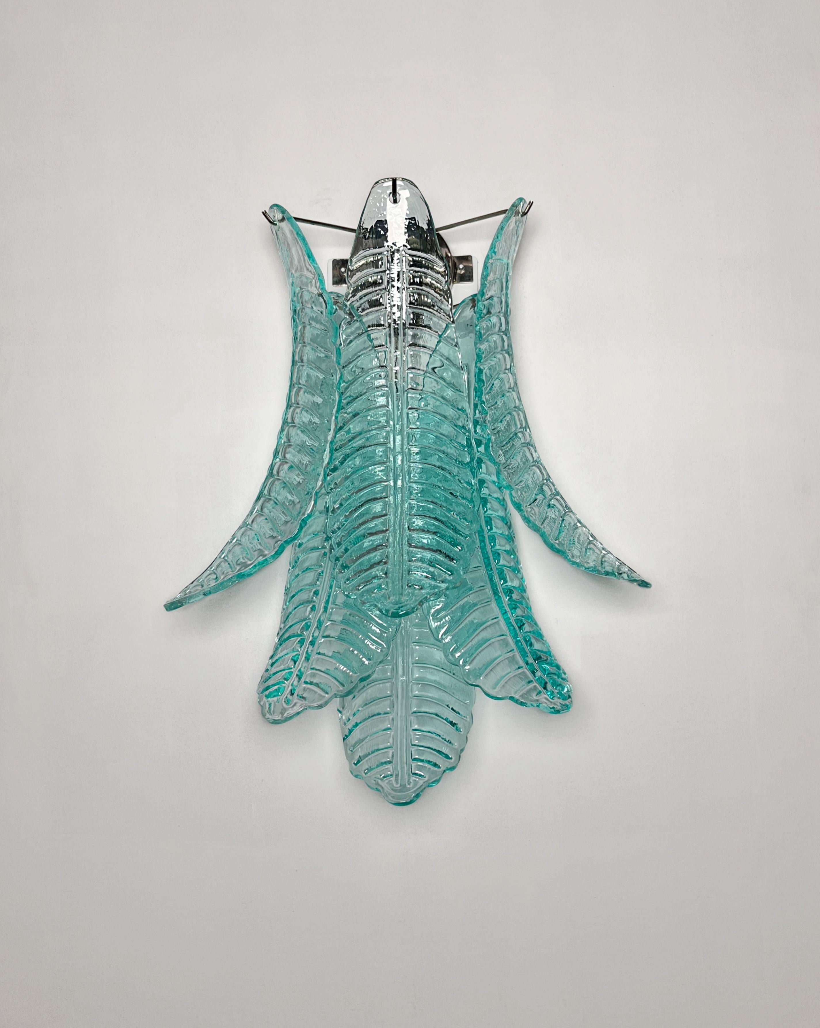 Pair of vintage Murano turquoise Felci Glass wall sconces siglo XX en venta