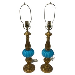 Pair of Vintage Murano Turquoise Gilt Lamps