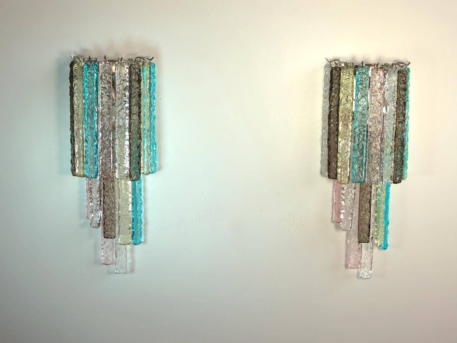 Mid-Century Modern Pair of Vintage Murano Wall Sconce, 32 Multi-Color Prism Icicle