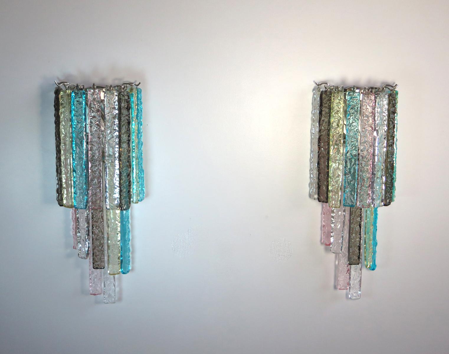 European Pair of Vintage Murano Wall Sconce, 32 Multi-Color Prism Icicle