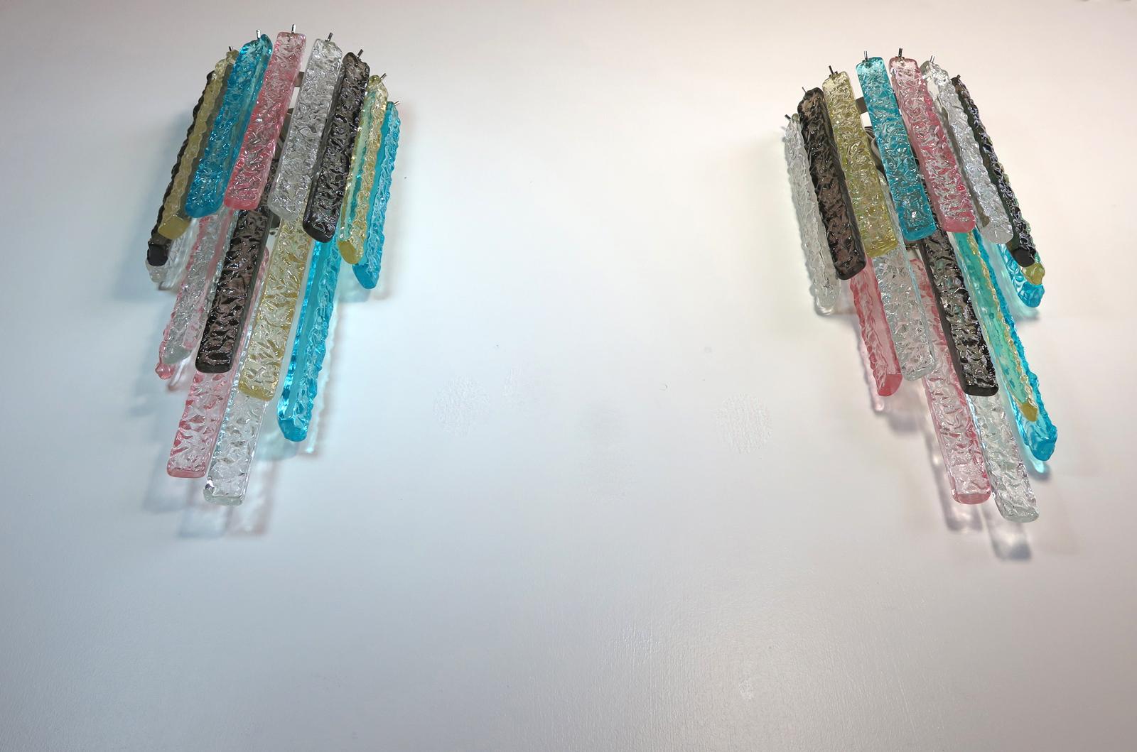 Late 20th Century Pair of Vintage Murano Wall Sconce, 32 Multi-Color Prism Icicle