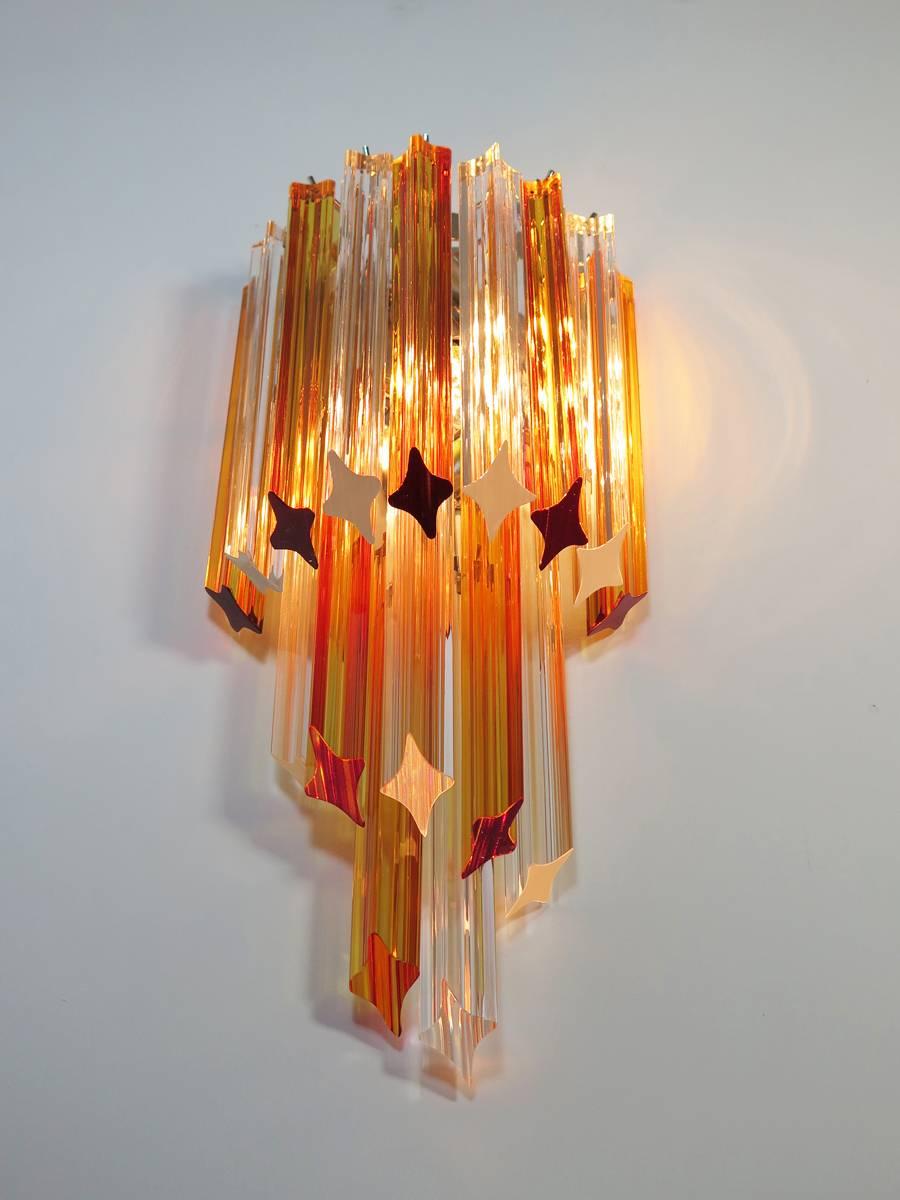 Mid-Century Modern Pair of Vintage Murano Wall Sconce, 32 Quadriedri Amber and Transparent Prism