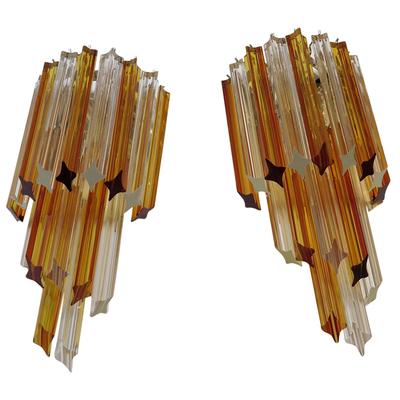 Pair of Vintage Murano Wall Sconce, 32 Quadriedri Amber and Transparent Prism