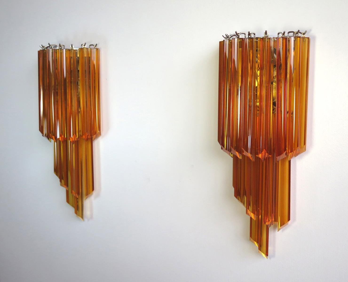 Blown Glass Pair of Vintage Murano Wall Sconce, 32 Quadriedri Amber Prism