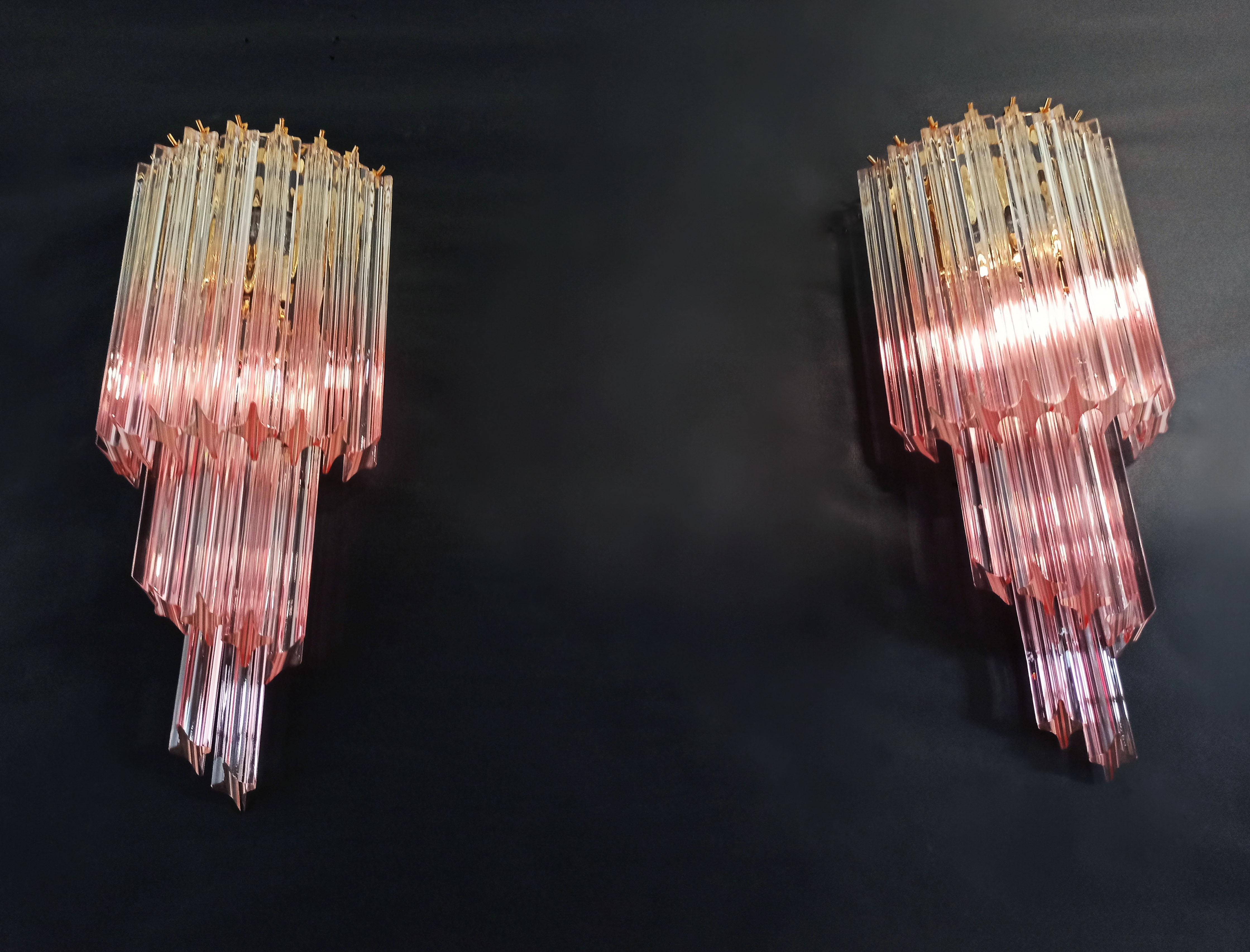 Pair of Vintage Murano Wall Sconce, 32 Quadriedri Transparent and Pink Prism 13