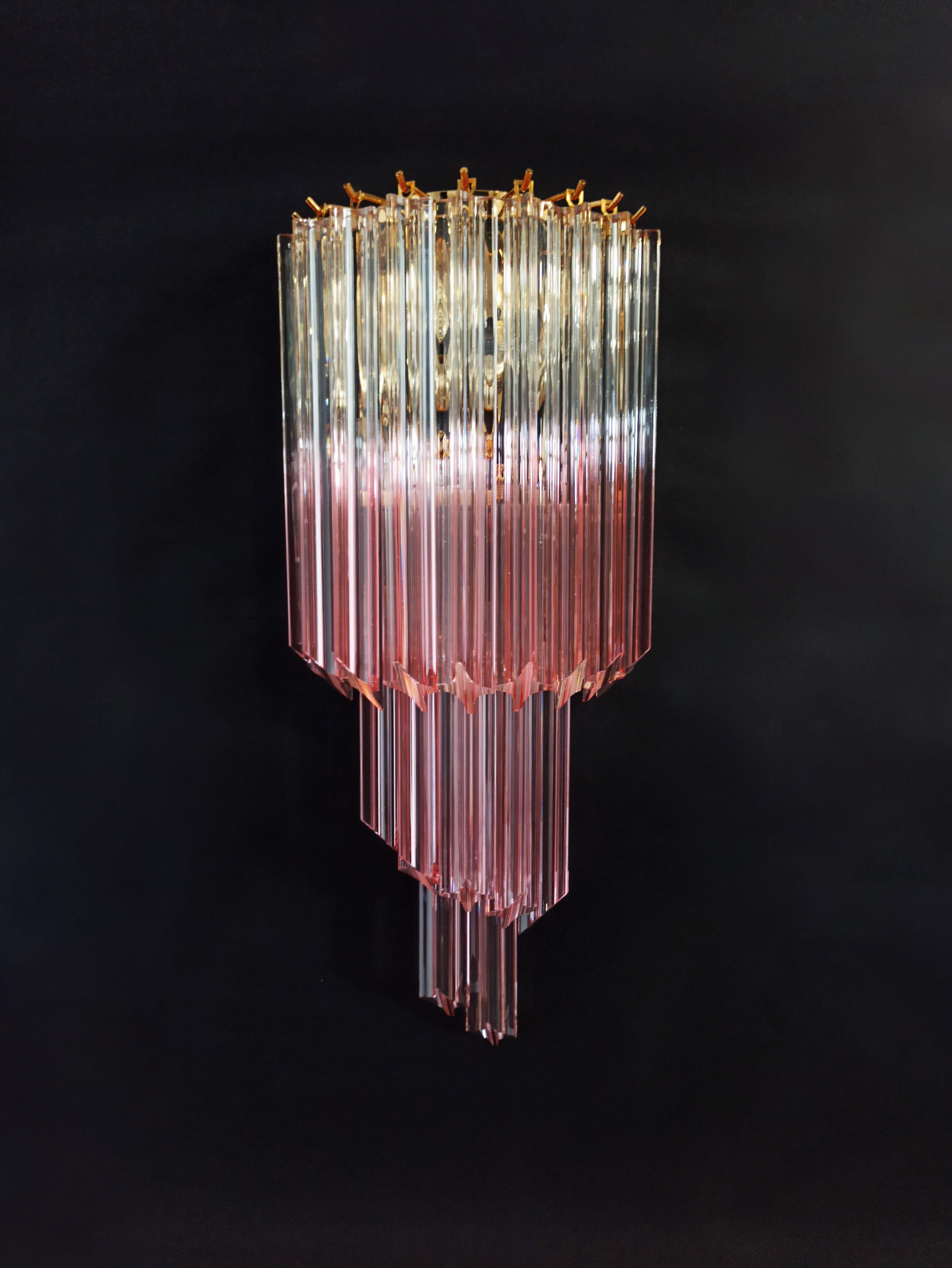 Pair of Vintage Murano Wall Sconce, 32 Quadriedri Transparent and Pink Prism 1
