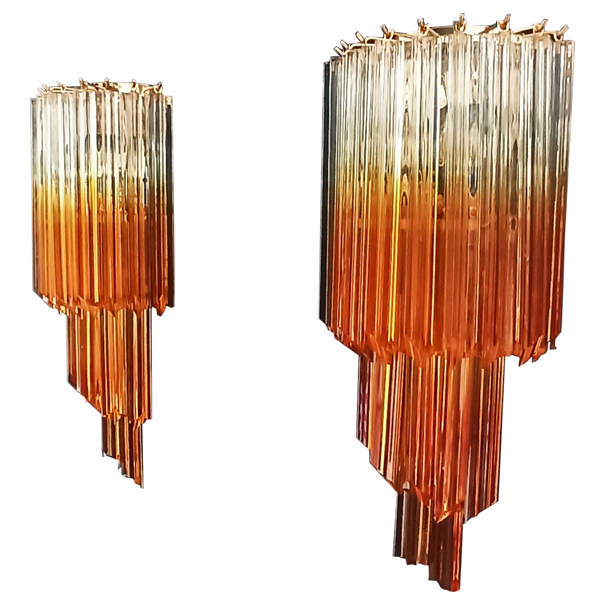 Pair of Vintage Murano Wall Sconce, 32 Quadriedri Trasparent and Amber Prism For Sale