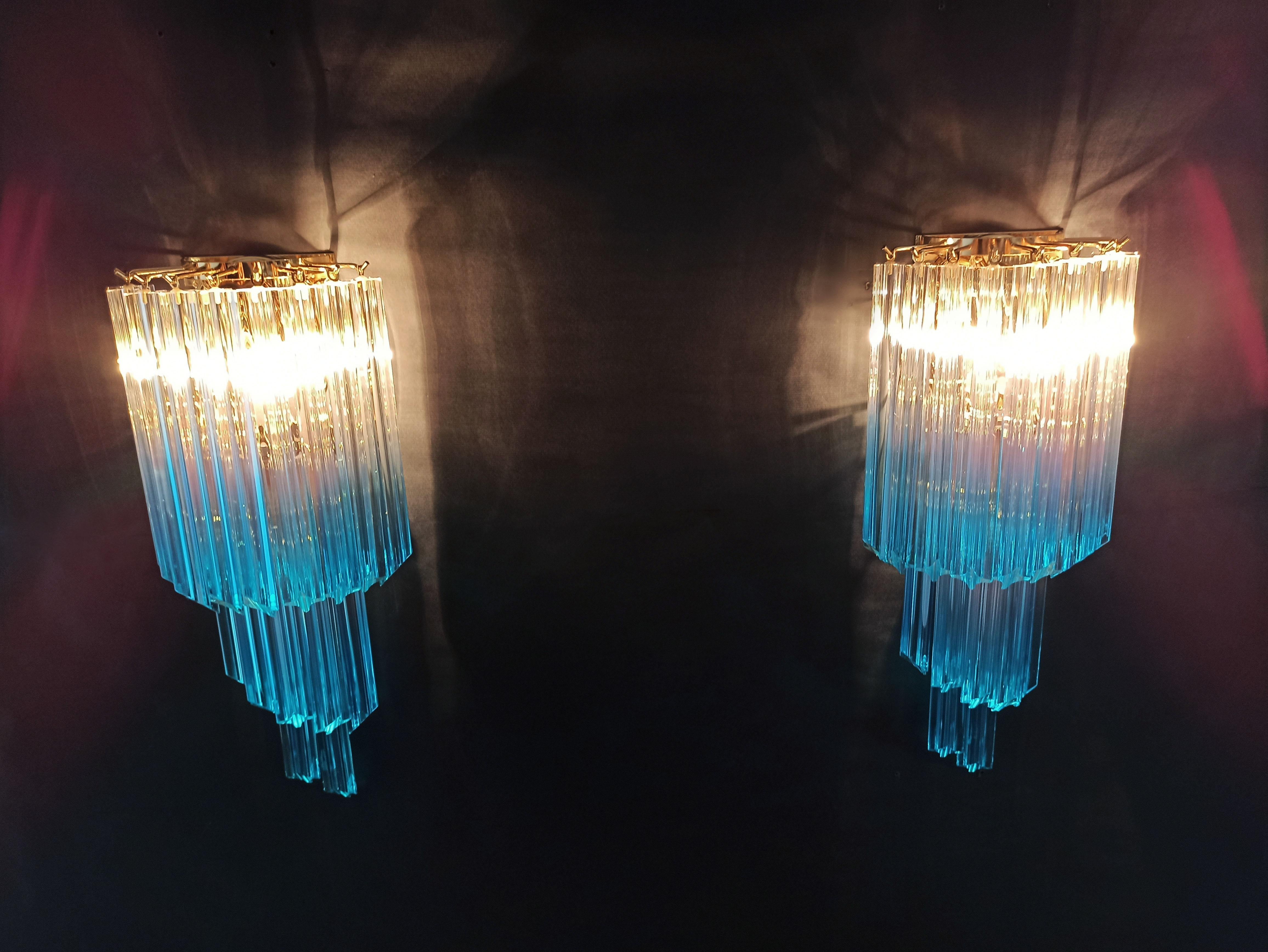 Pair of Vintage Murano Wall Sconce, 32 Quadriedri Transparent and Blue Prism 3