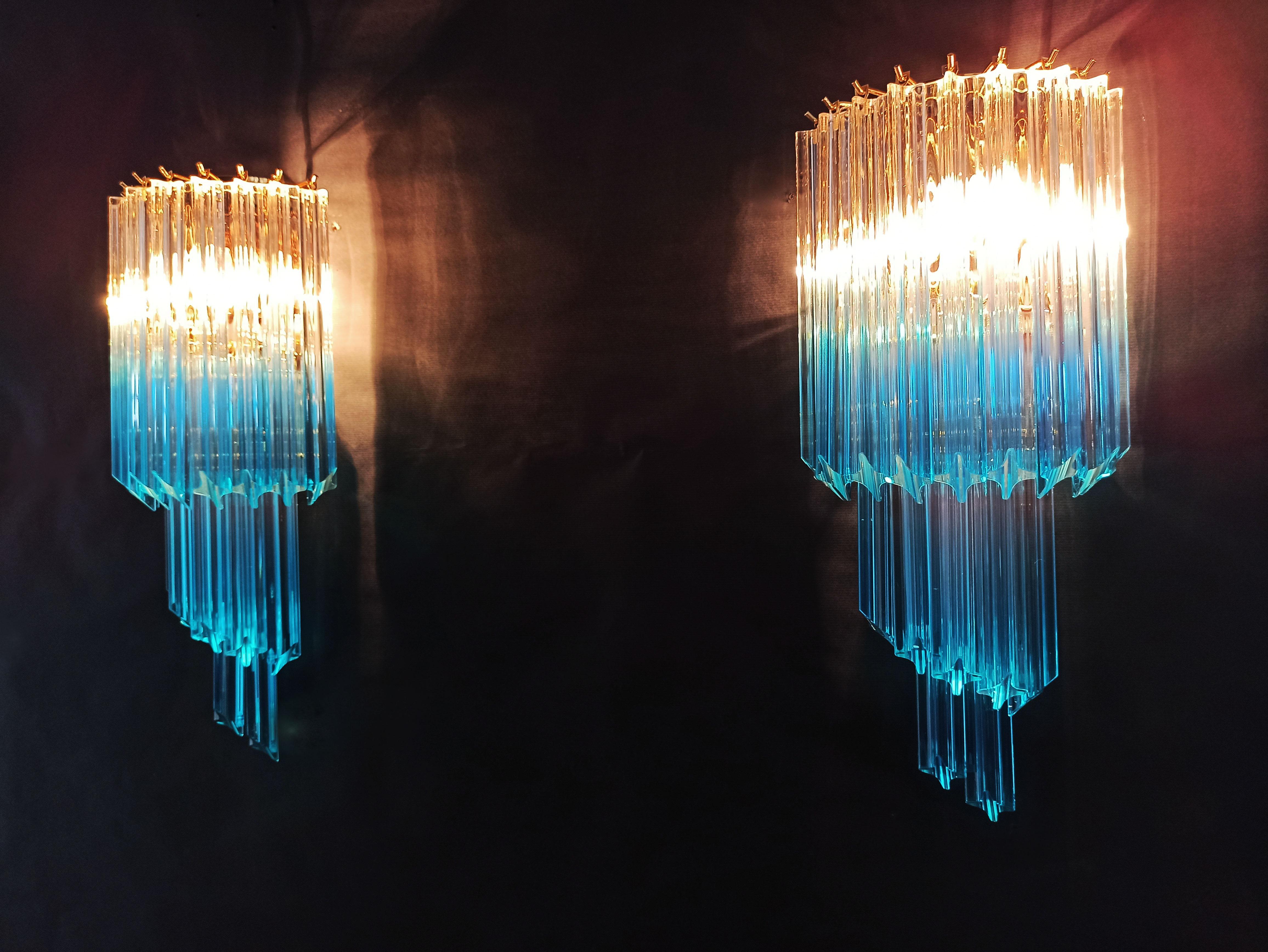 Pair of Vintage Murano Wall Sconce, 32 Quadriedri Transparent and Blue Prism 7