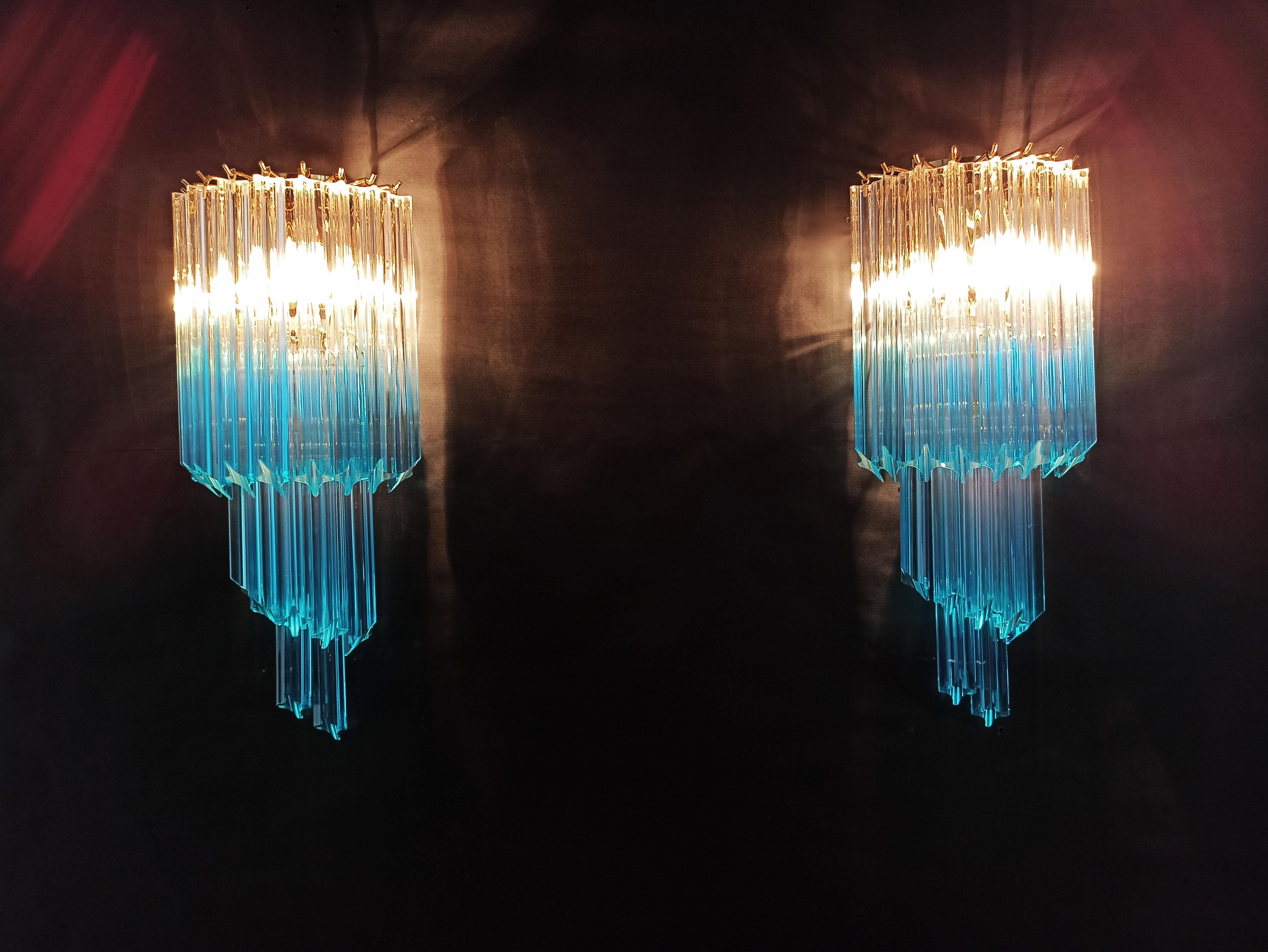 Pair of Vintage Murano Wall Sconce, 32 Quadriedri Transparent and Blue Prism 8