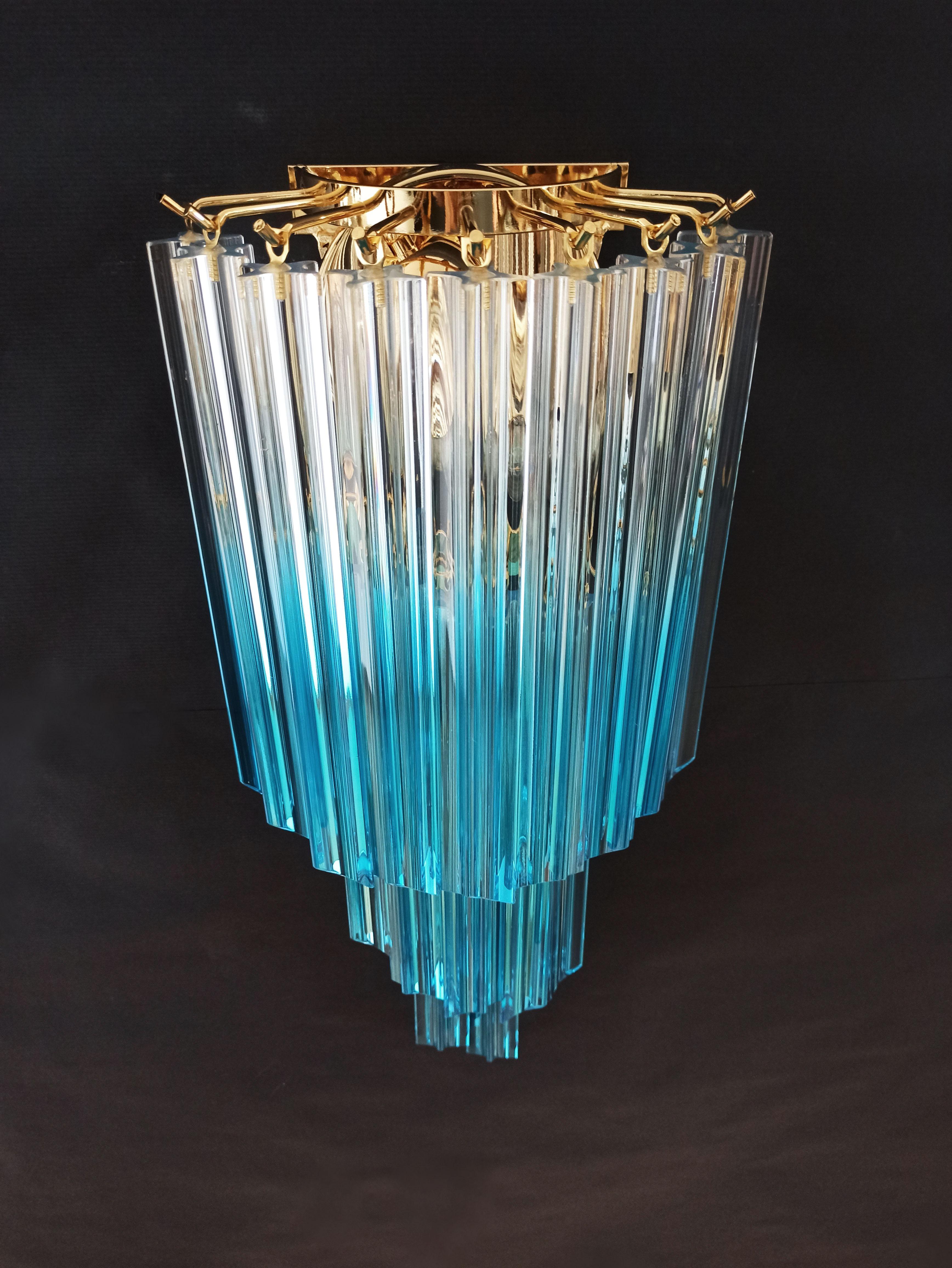 Pair of Vintage Murano Wall Sconce, 32 Quadriedri Transparent and Blue Prism 2