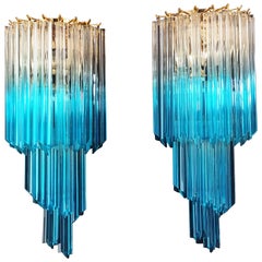 Pair of Vintage Murano Wall Sconce, 32 Quadriedri Transparent and Blue Prism