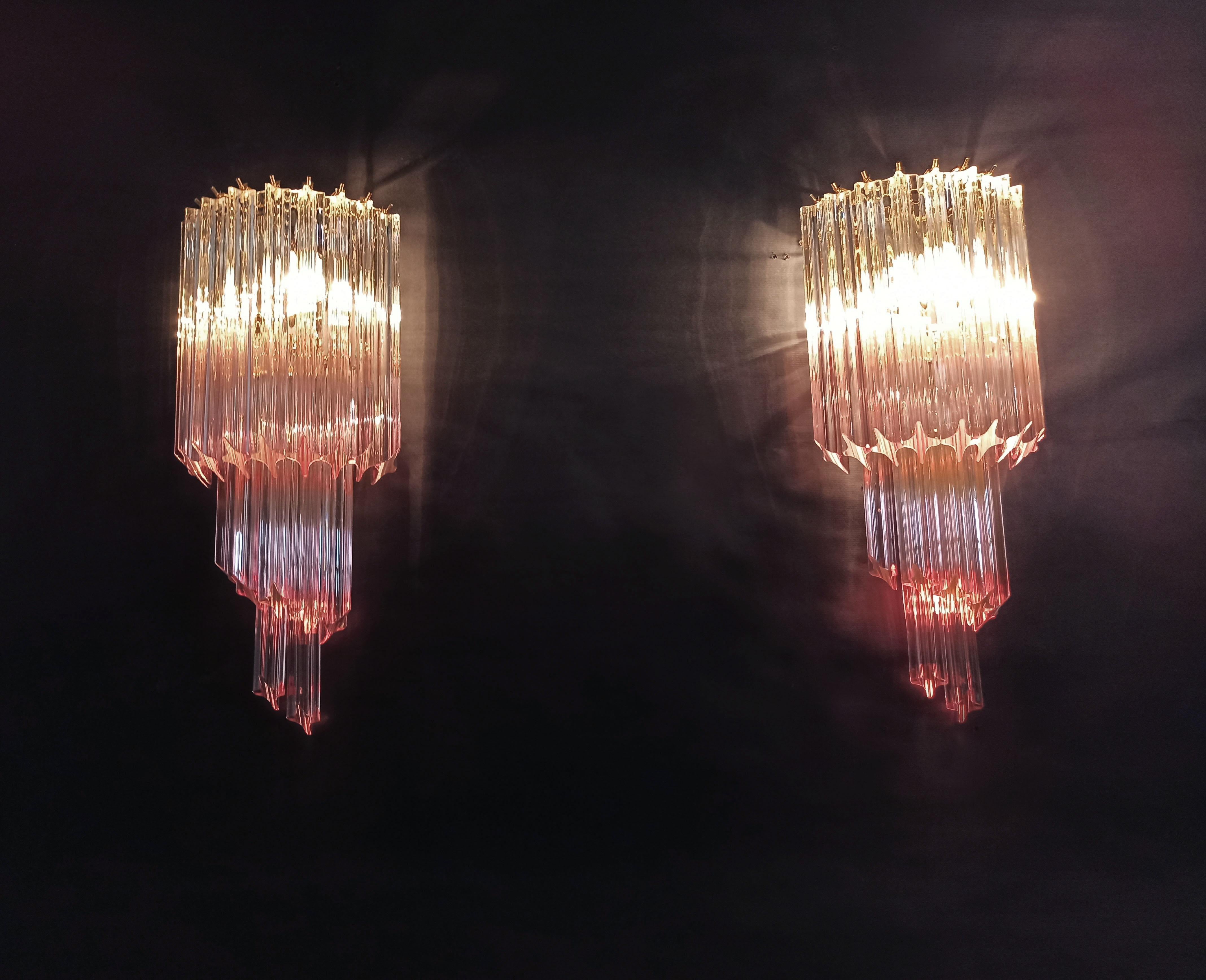 Pair of Vintage Murano Wall Sconce, 32 Quadriedri Transparent and Pink Prism 2