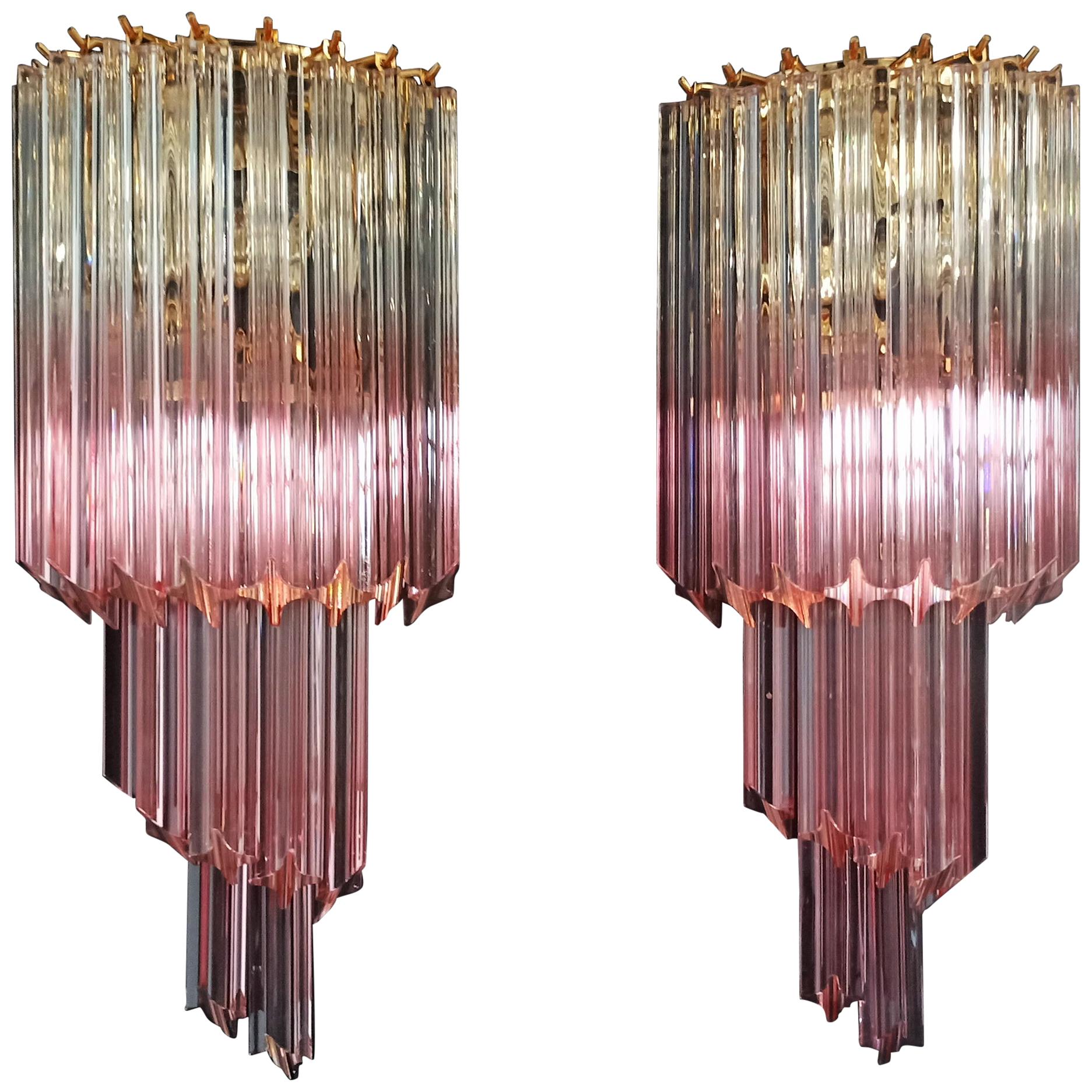 Pair of Vintage Murano Wall Sconce, 32 Quadriedri Transparent and Pink Prism