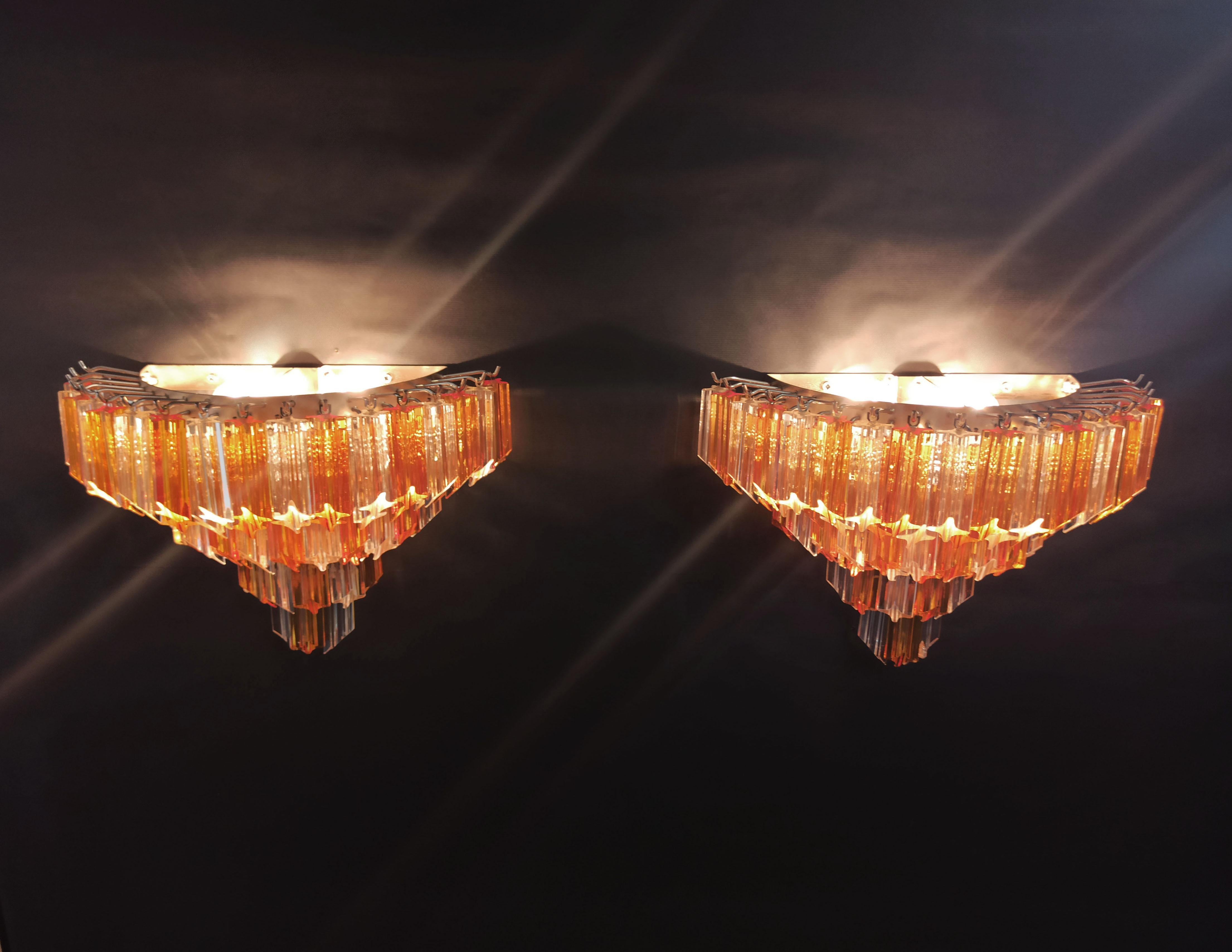 Late 20th Century Pair of Vintage Murano Wall Sconce, 63 Clear and Amber Quadriedri For Sale