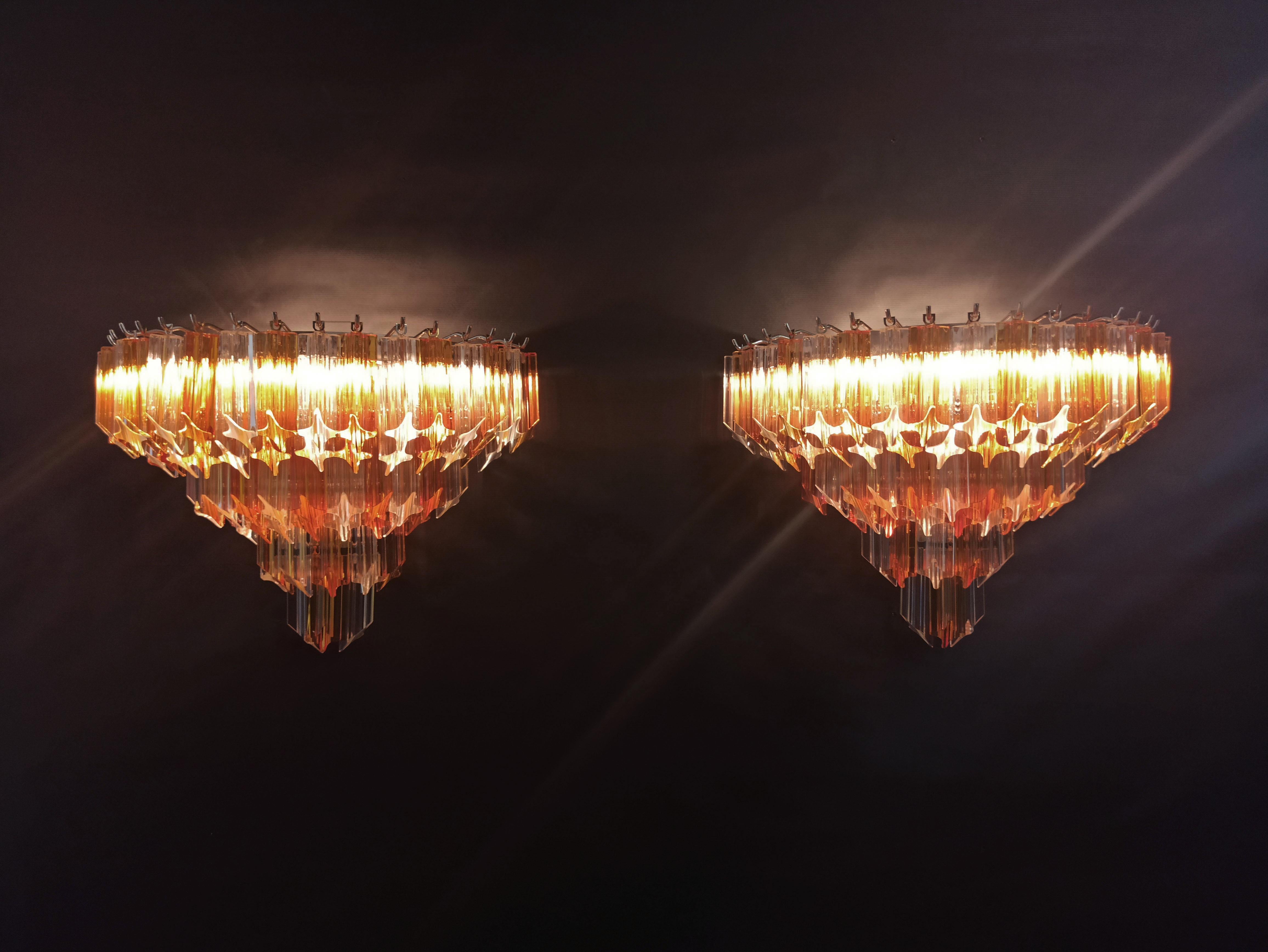 Blown Glass Pair of Vintage Murano Wall Sconce, 63 Clear and Amber Quadriedri For Sale