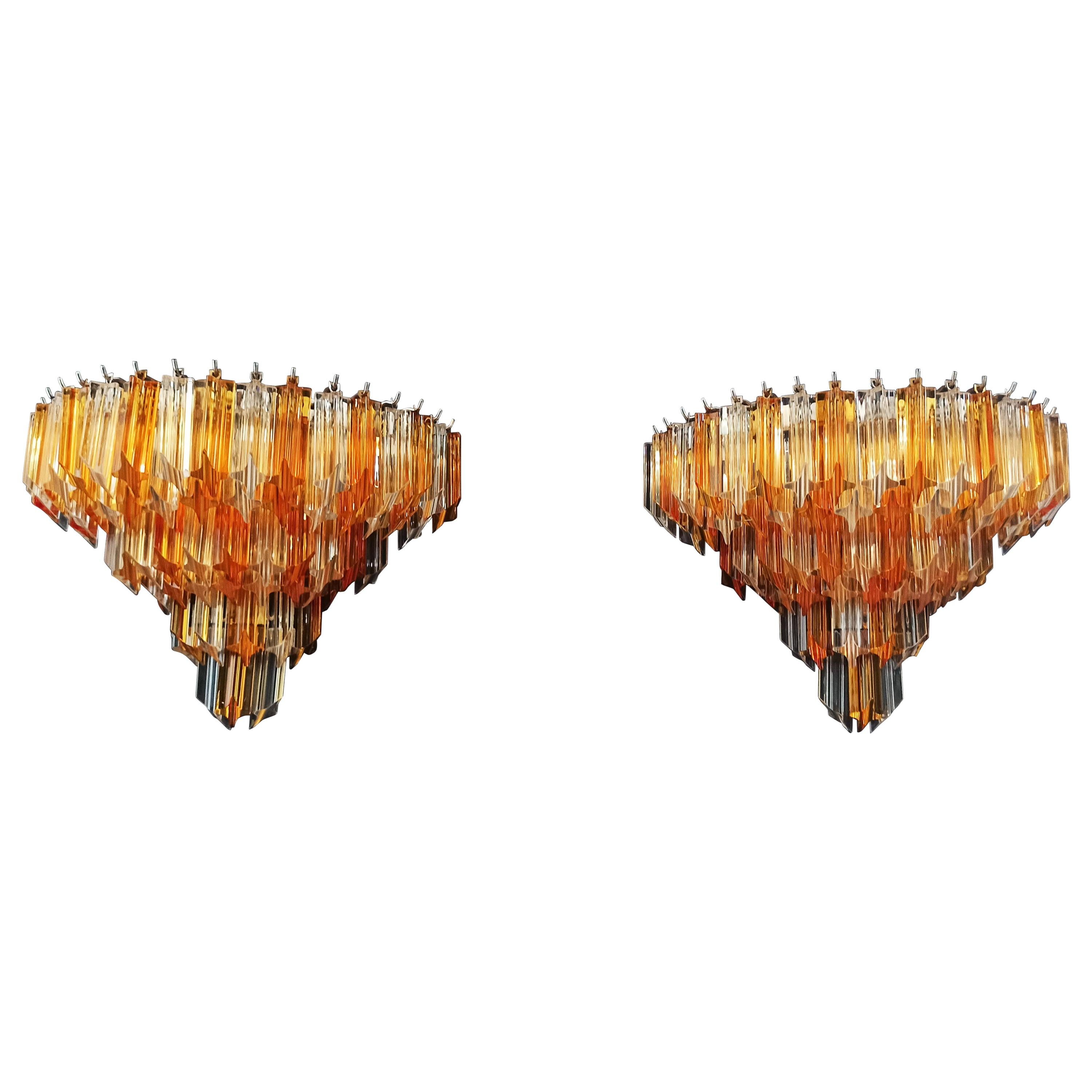 Pair of Vintage Murano Wall Sconce, 63 Clear and Amber Quadriedri For Sale