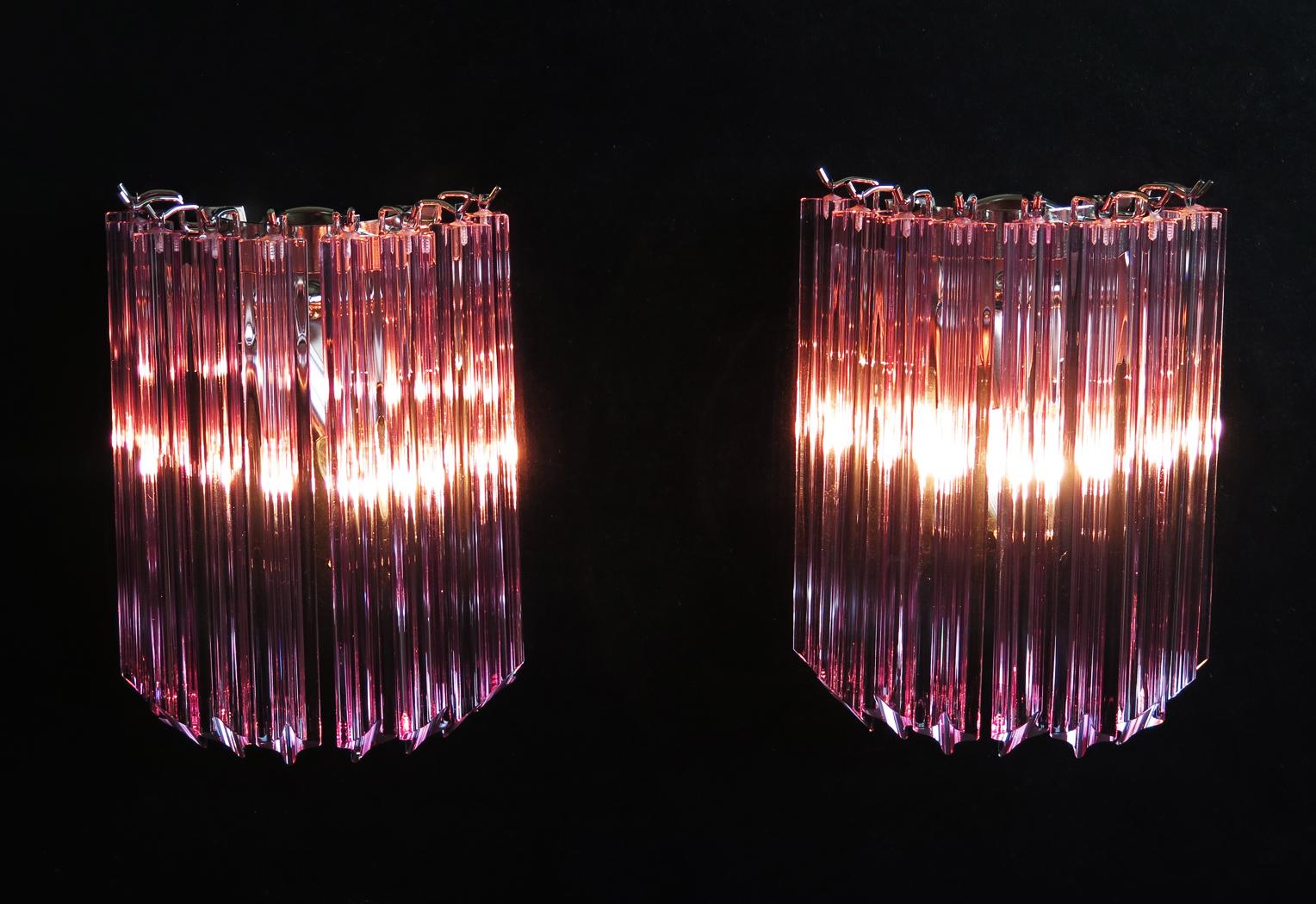 20th Century Pair of Vintage Murano Wall Sconce, 9 Pink Quadriedri For Sale