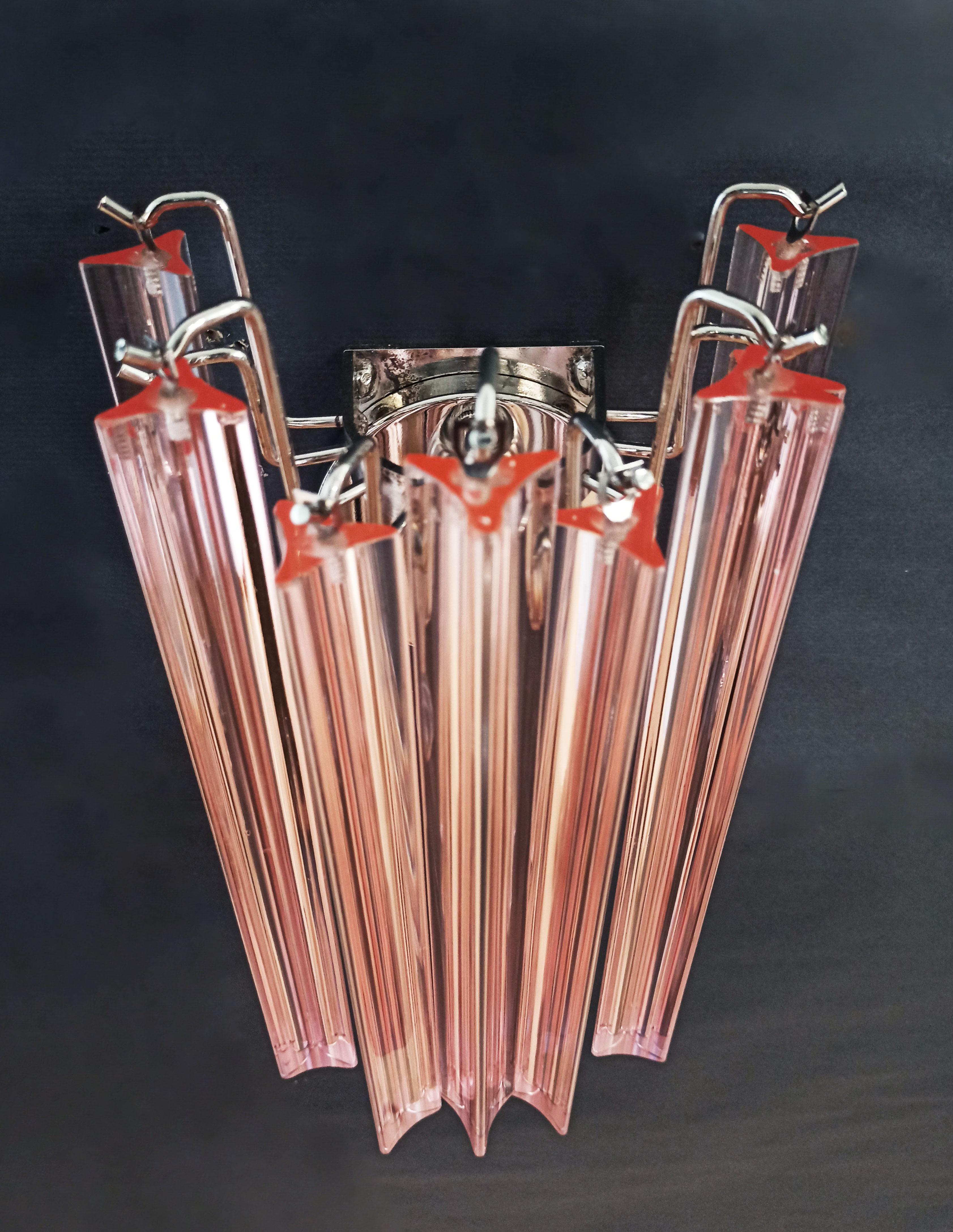 Mid-Century Modern Pair of Vintage Murano Wall Sconce, 9 Pink Triedri For Sale