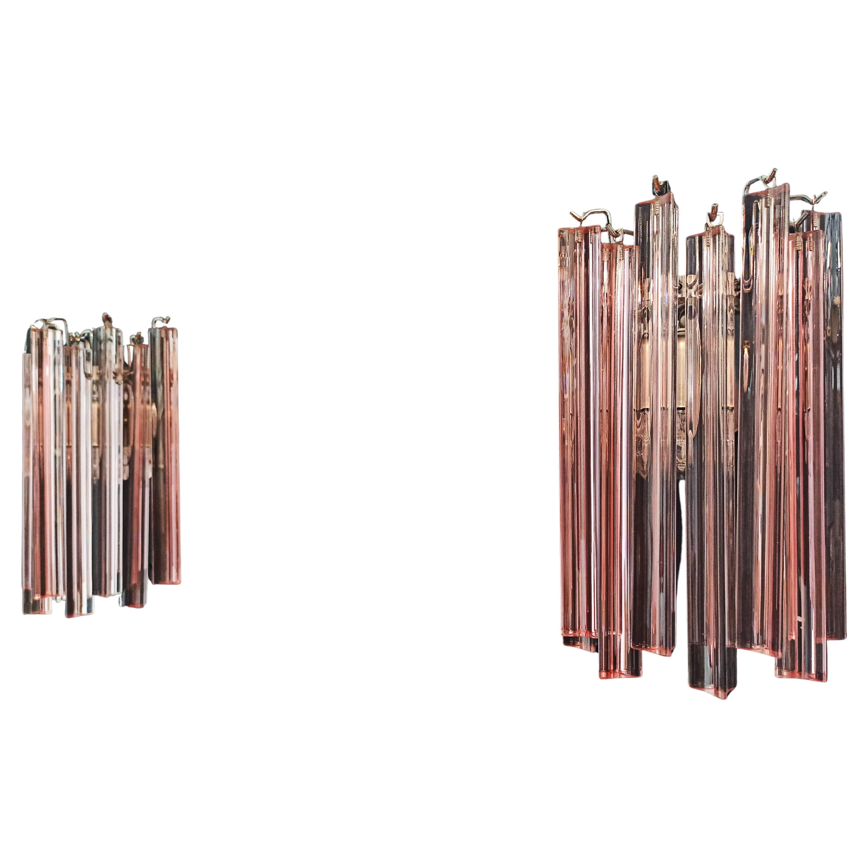 Pair of Vintage Murano Wall Sconce, 9 Pink Triedri For Sale