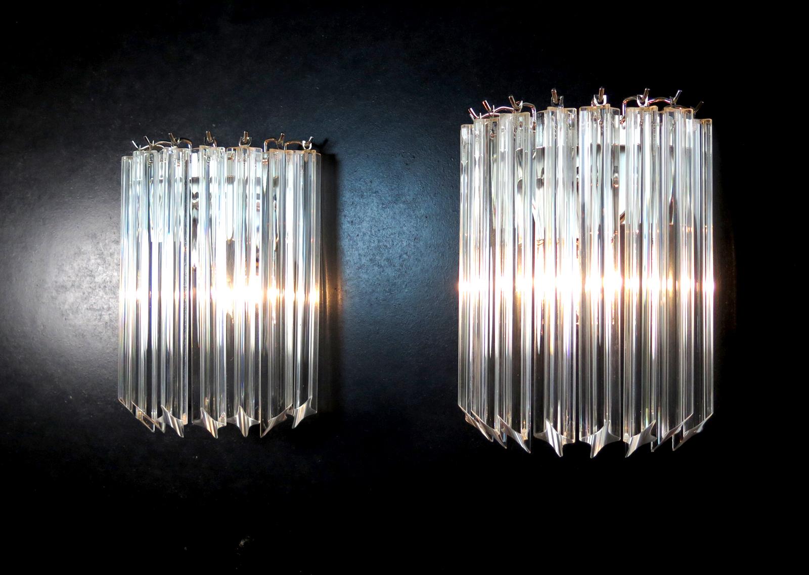 Italian Pair of Vintage Murano Wall Sconce, 9 Trasparent Quadriedri