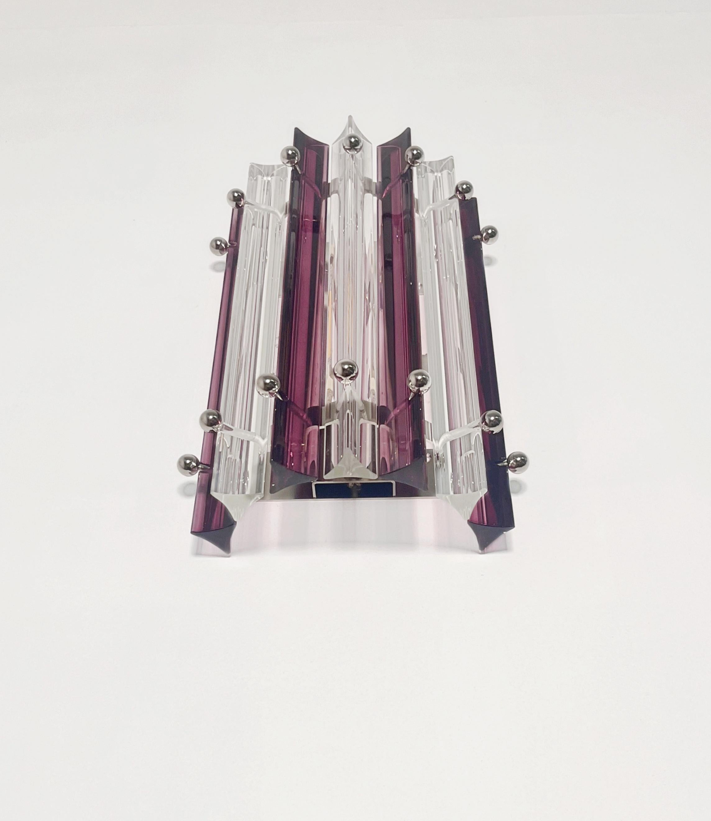 Pareja de apliques vintage de Murano - transparentes  y amatista triedri - Modelo de columna Vidrio artístico en venta