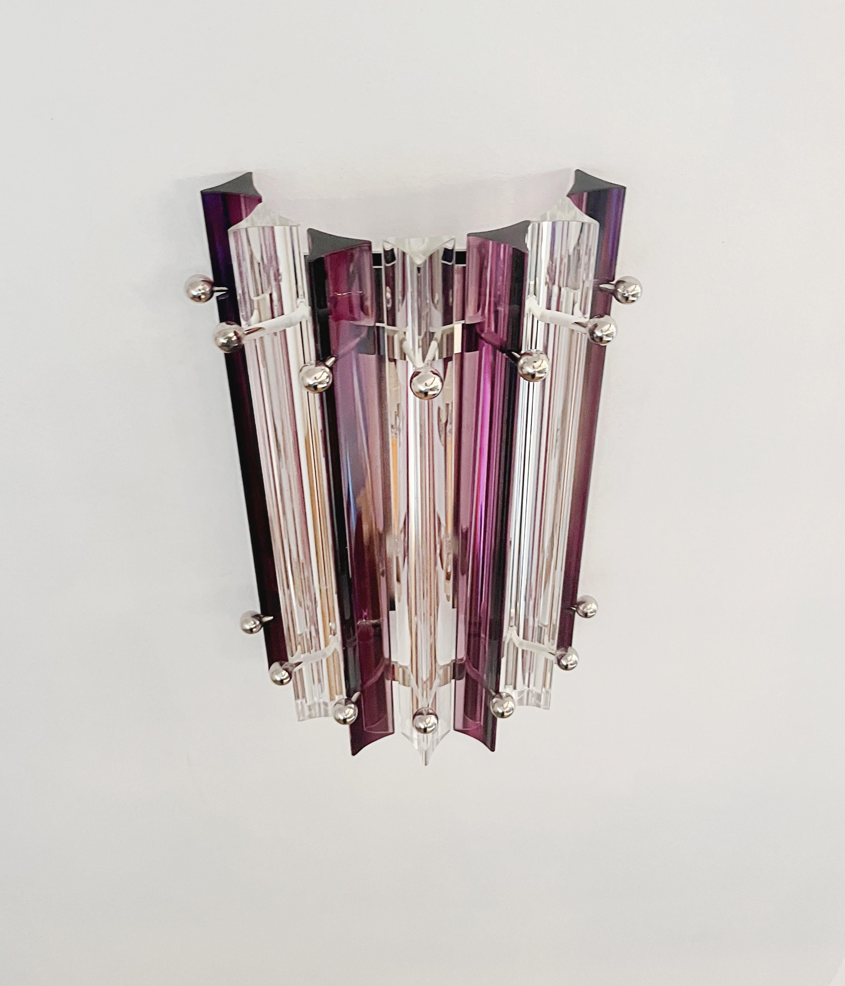 Pareja de apliques vintage de Murano - transparentes  y amatista triedri - Modelo de columna en venta 1