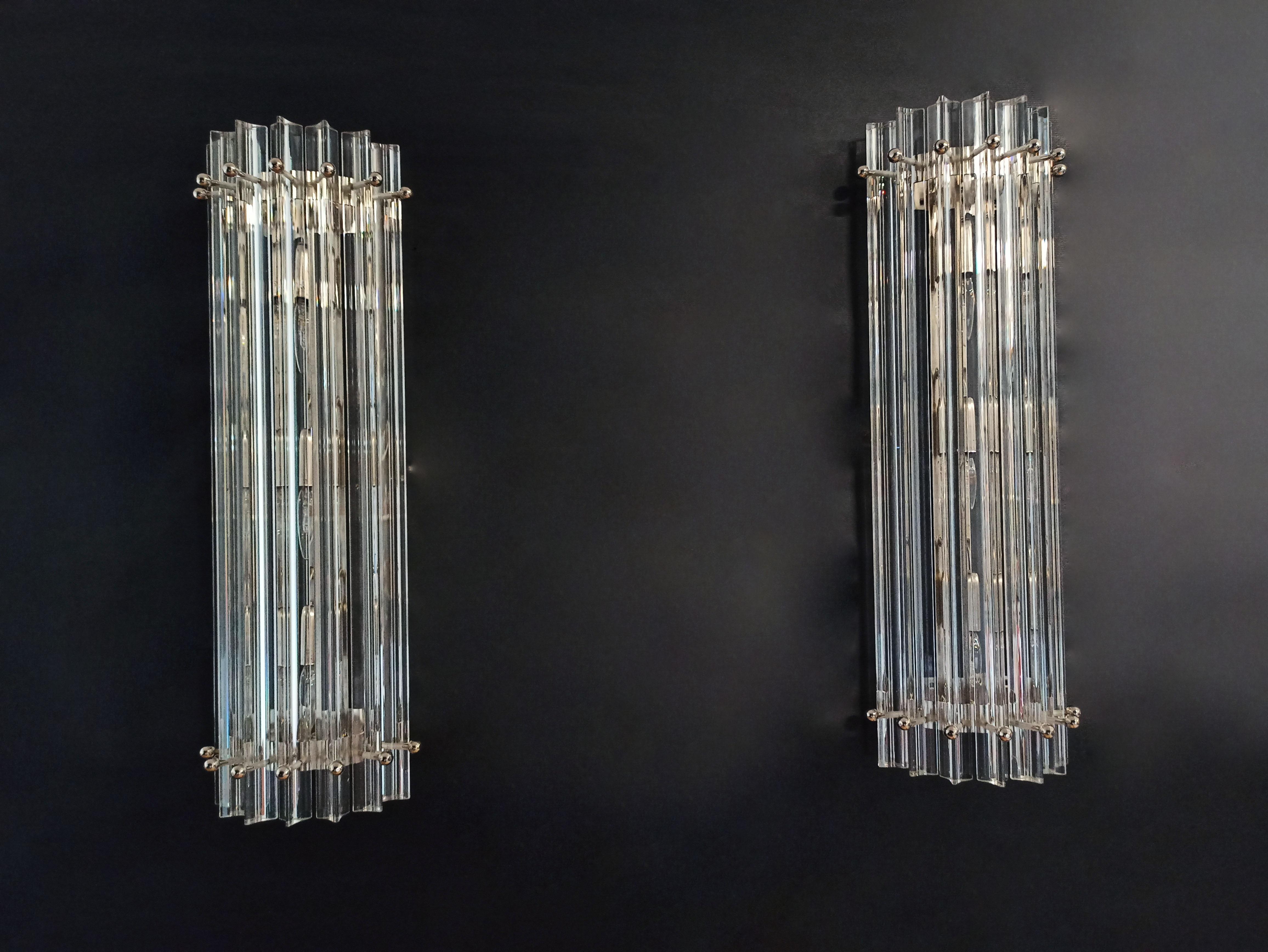 Contemporary Pair of Murano Wall Sconce, Clear Triedri, Column Model