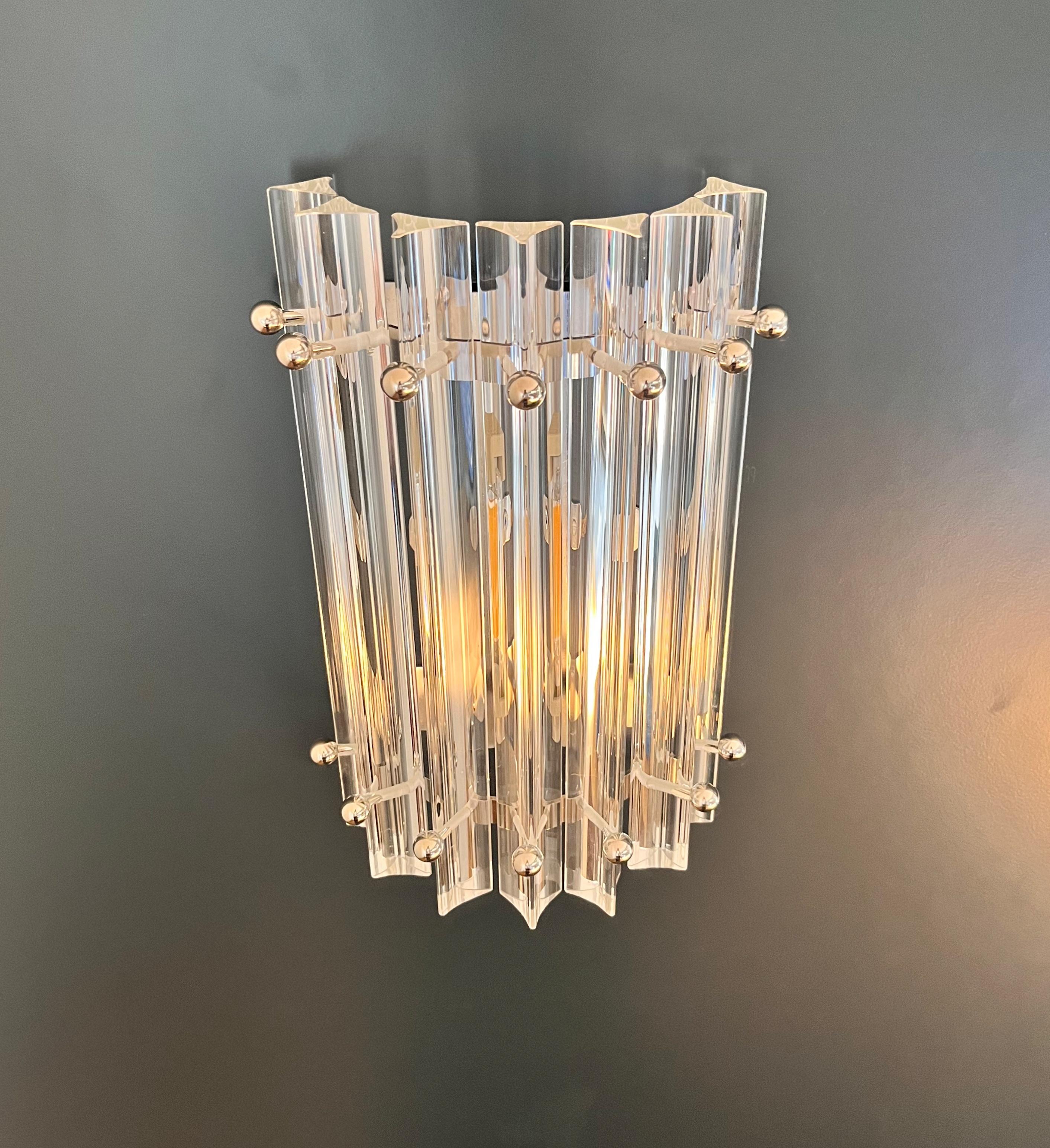 Art Glass Pair of vintage Murano wall sconce – clear triedri -Column model For Sale