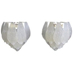 Pair of Vintage Murano Wall Sconce, Frosted Carved Glass Leaves