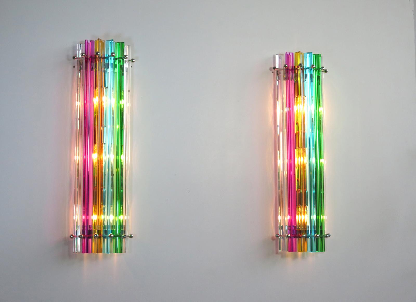 Blown Glass Pair of Vintage Murano Wall Sconce, Multicolor Triedri, Column Mariangela Model