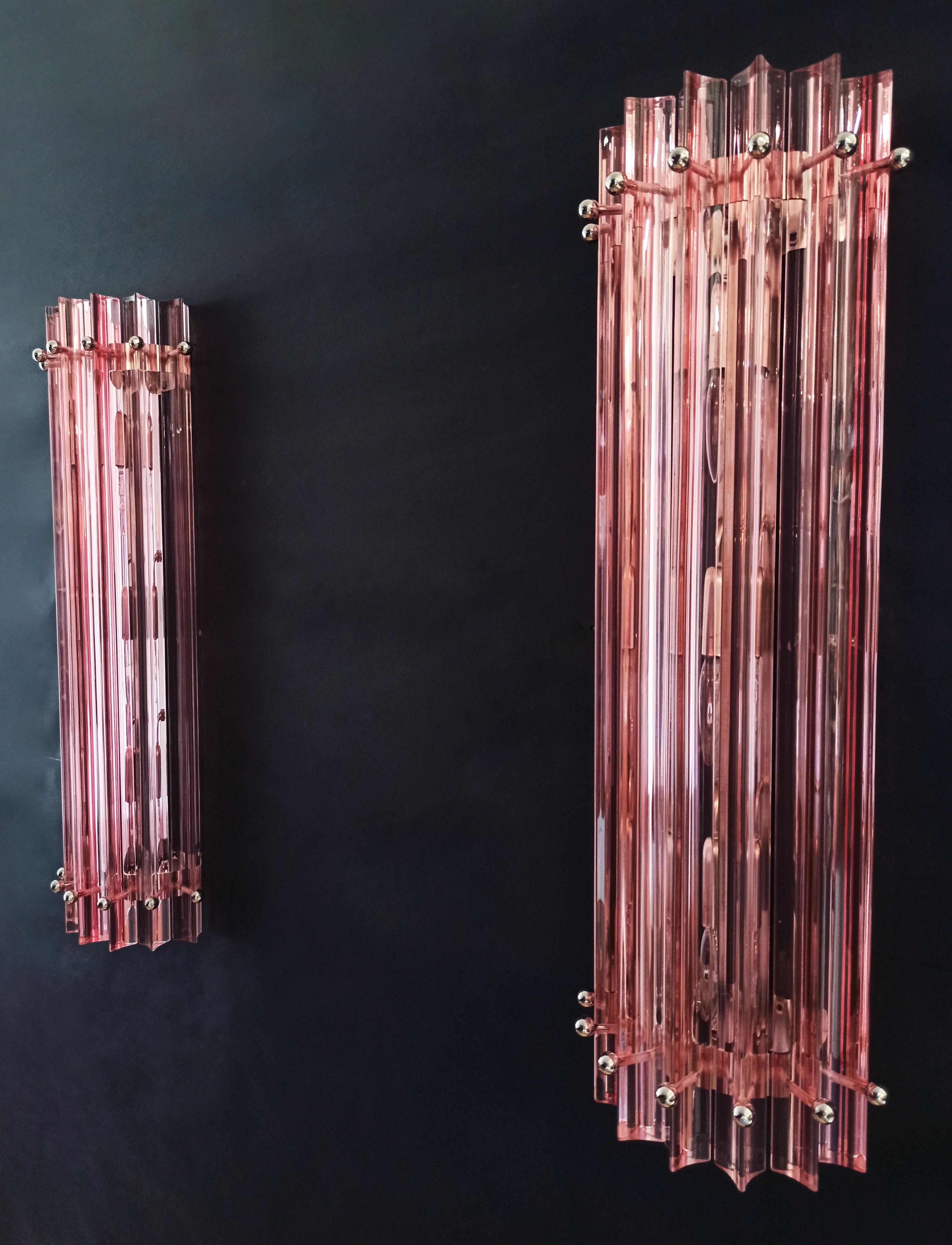 Pair of Vintage Murano Wall Sconce, Pink Triedri, Column Mariangela Model 8