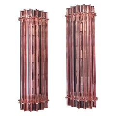 Pair of Vintage Murano Wall Sconce, Pink Triedri, Column Mariangela Model