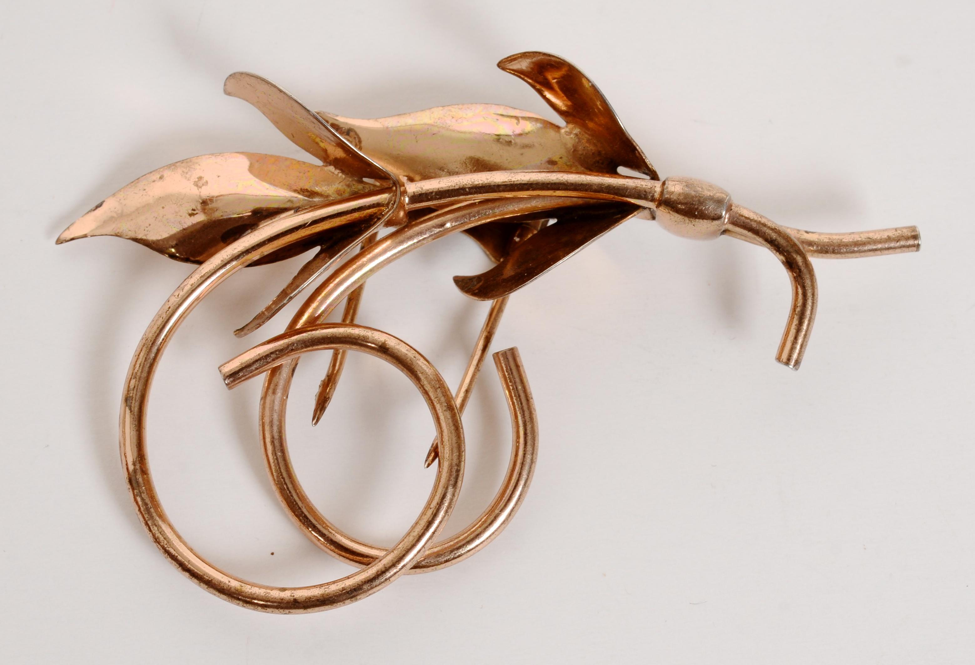 Pair of Vintage Napier Sterling Silver Vermeil Leaf Shaped Fur or Dress Clips Mid 20th c. Both are marked twice 