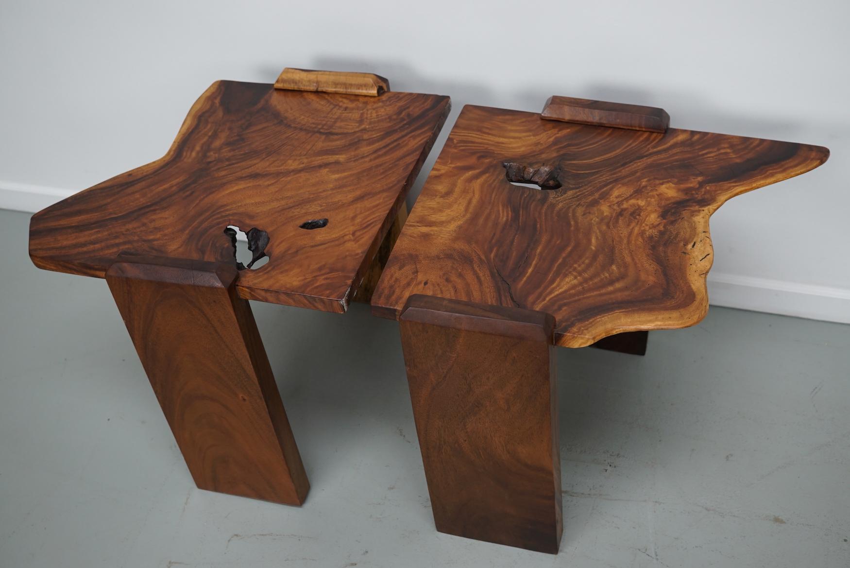 This pair of natural walnut coffee tables were made in the Netherlands ca 1970/1980. They have a stunning color and wood grain.