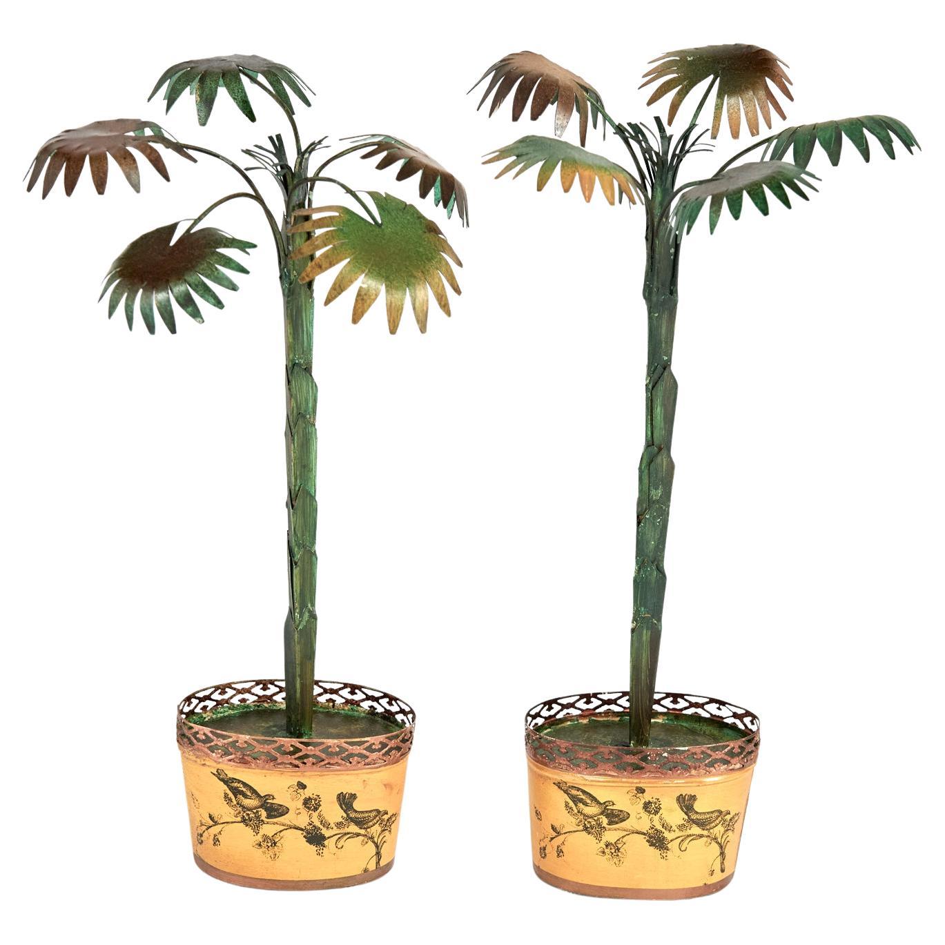 Pair of Vintage Neoclassic Italian Tole Palm Tree Garnitures or Sculptures